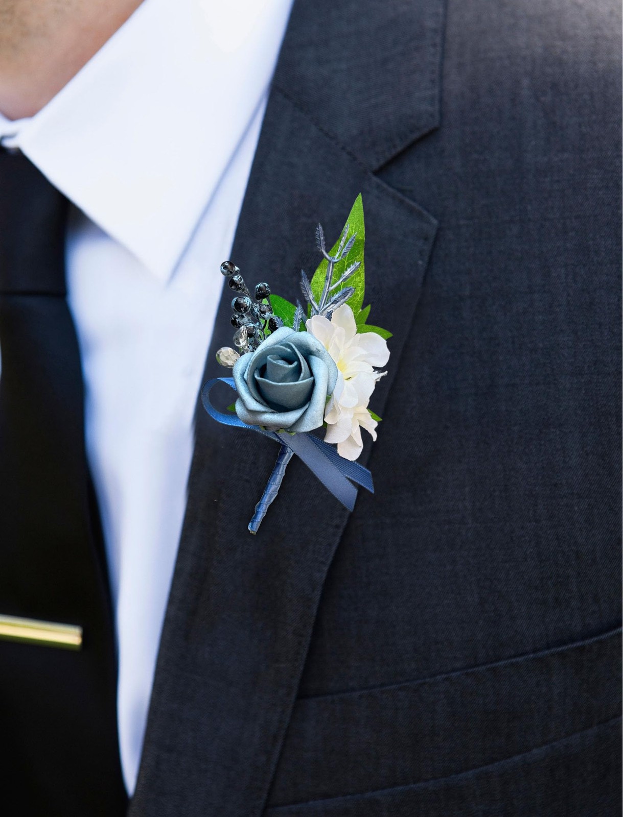6 PCS Dusty Blue Boutonniere Men Pins Artificial Foam Rose Wedding Prom Decor