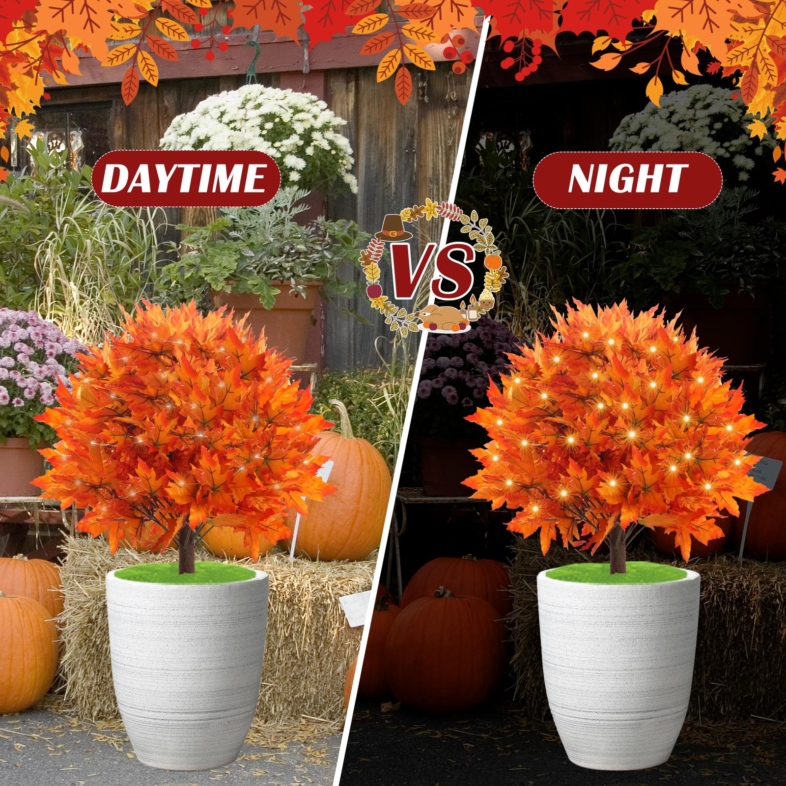 27″ Set of 2 Artificial Maple Topiary Trees with 100 Lights, Fall Decor Maple…