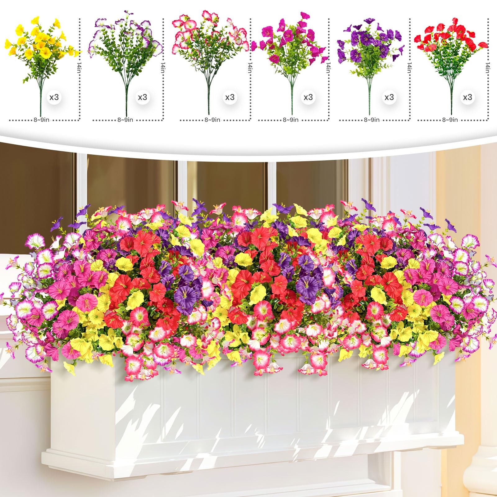 18 Bundles Artificial Faux Flowers Plants for Outdoors Decor-6 Colors