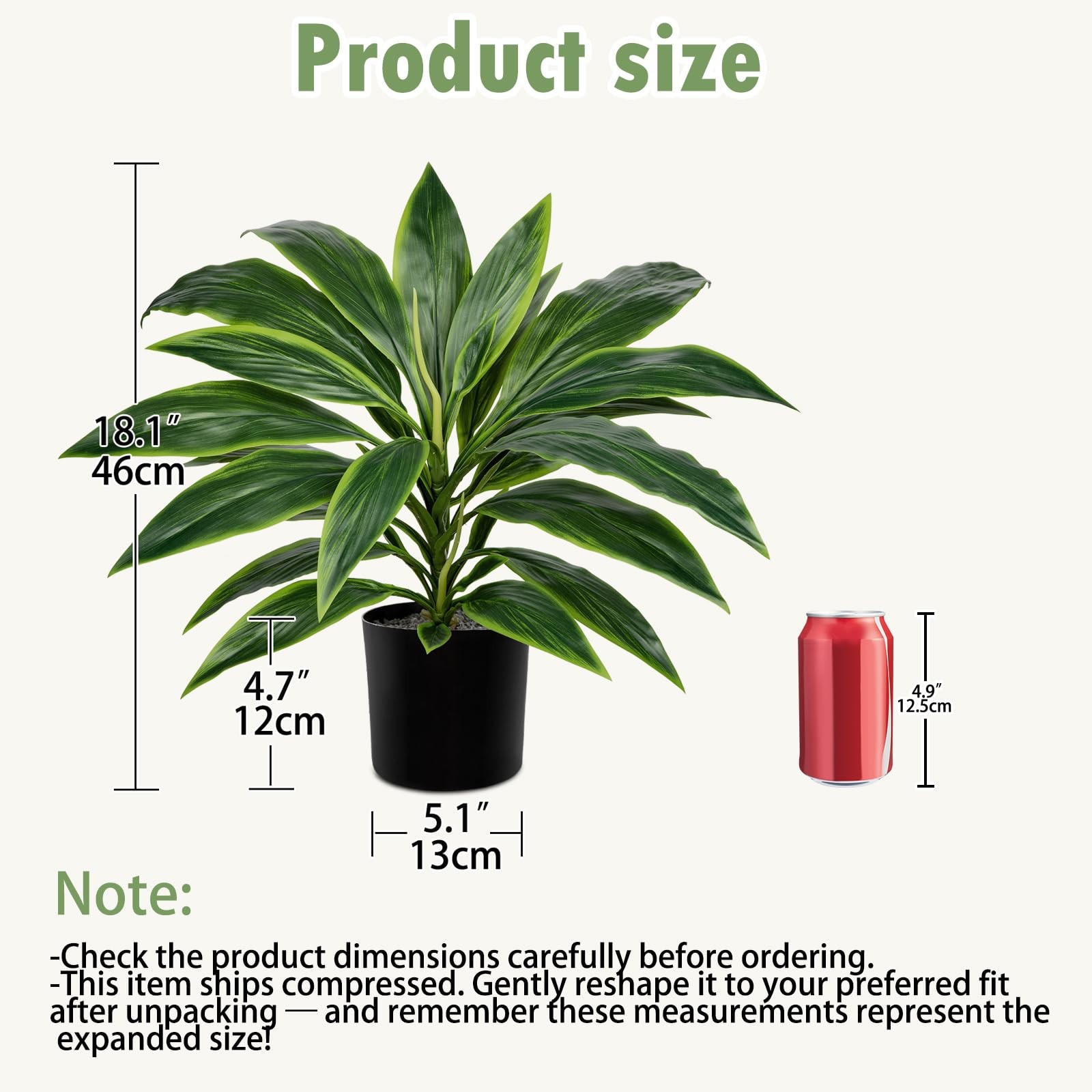 Artificial Dracaena Plant Black Pot Fake Potted Faux Tropical Indoor 18.1 Inch