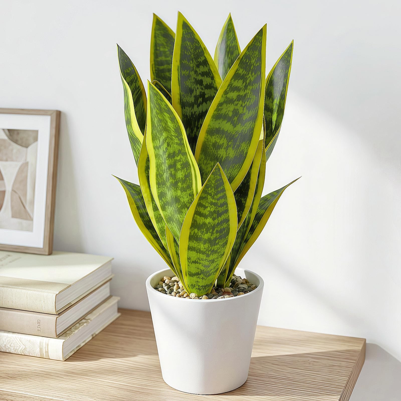 2 PCS 15.5 Inch Green Yellow Artificial Sansevieria Snake Plant White Pot
