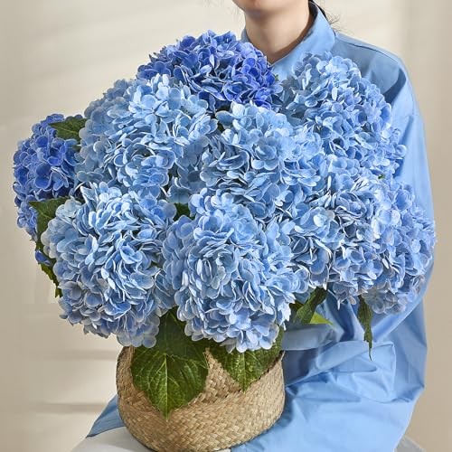 21in Hydrangea Artificial Flowers, Latex Real Touch Hydrangeas 3Pcs Blue