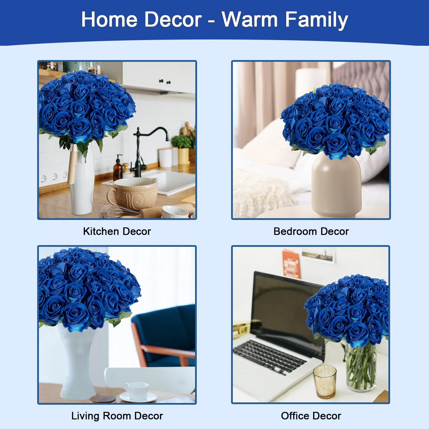 12 PCS Blue Roses Artificial Flowers Faux Velvet Silk Home Wedding Decor