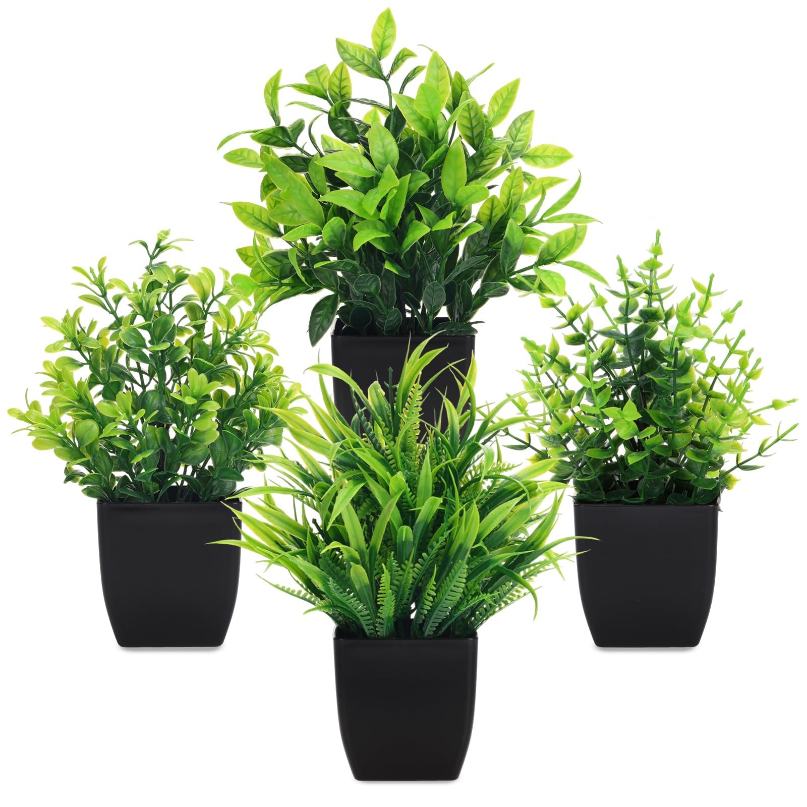 4 PCS Small Artificial Greenery Fake Plants Mini Black Pot Indoor Home Decor