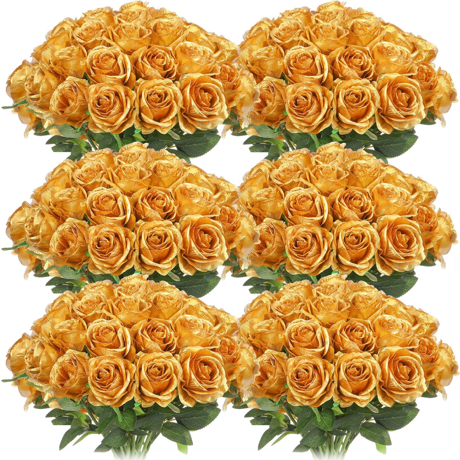 50 Pcs Artificial Rose Flower Bulk Realistic Silk Fake Roses with Long Stem Gold