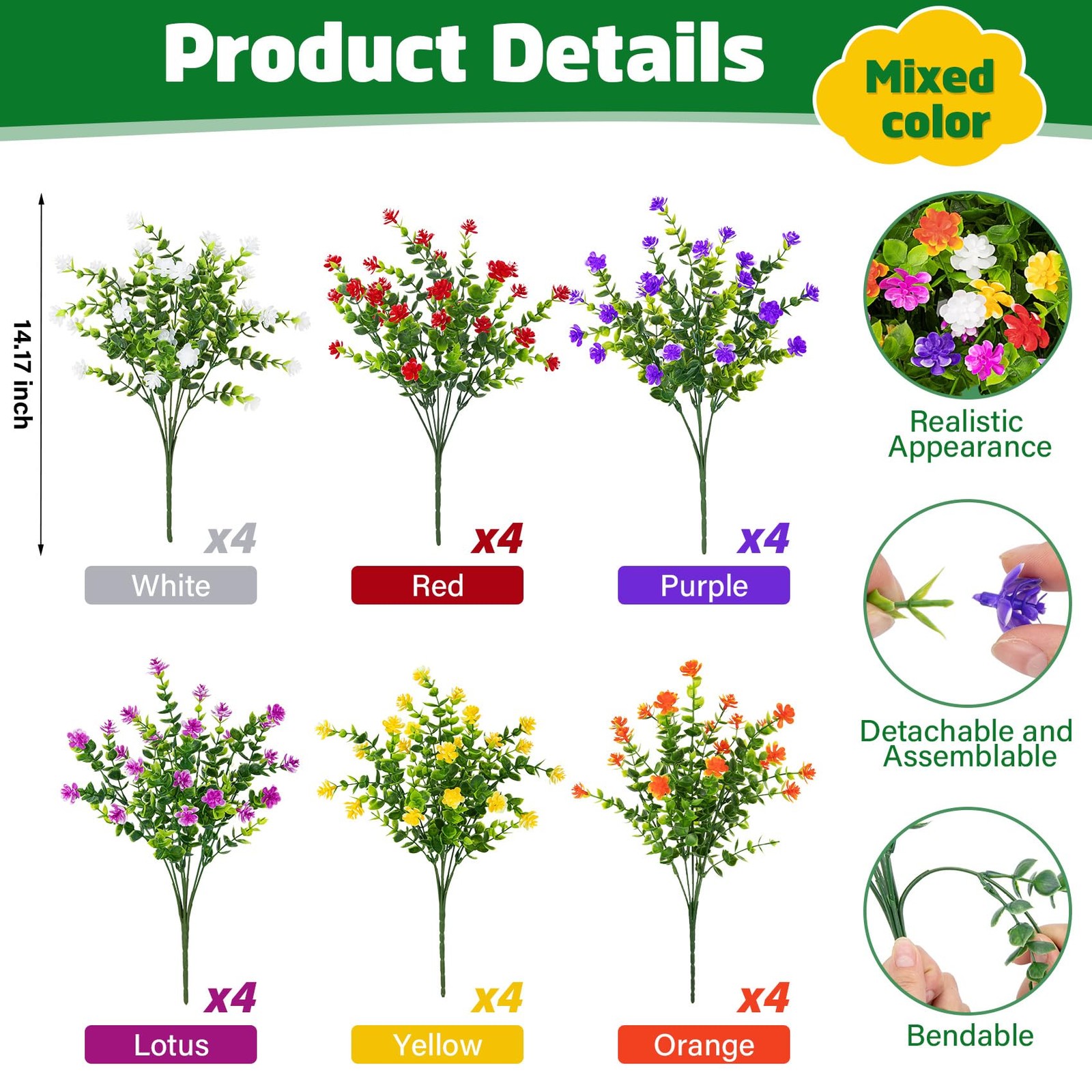 24 Bundles Artificial Flowers for Outdoors UV Resistant Fake Plastic Plants Faux