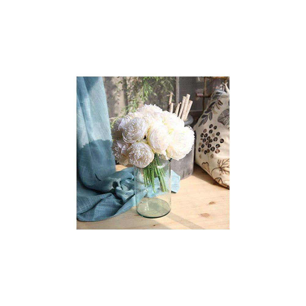 2-Bouquet 10-Heads White Artificial Peony Silk Flower and Leaf Home Office with