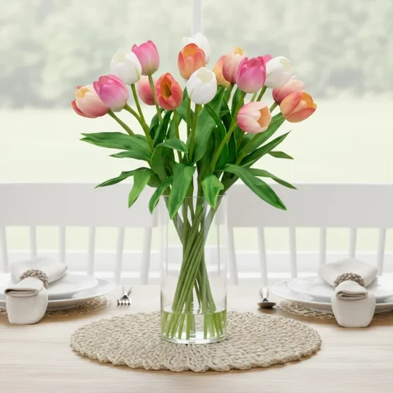 Faux 20″ Tulip Arrangement Lifelike Glass Vase Water Illusion Real Touch Petals