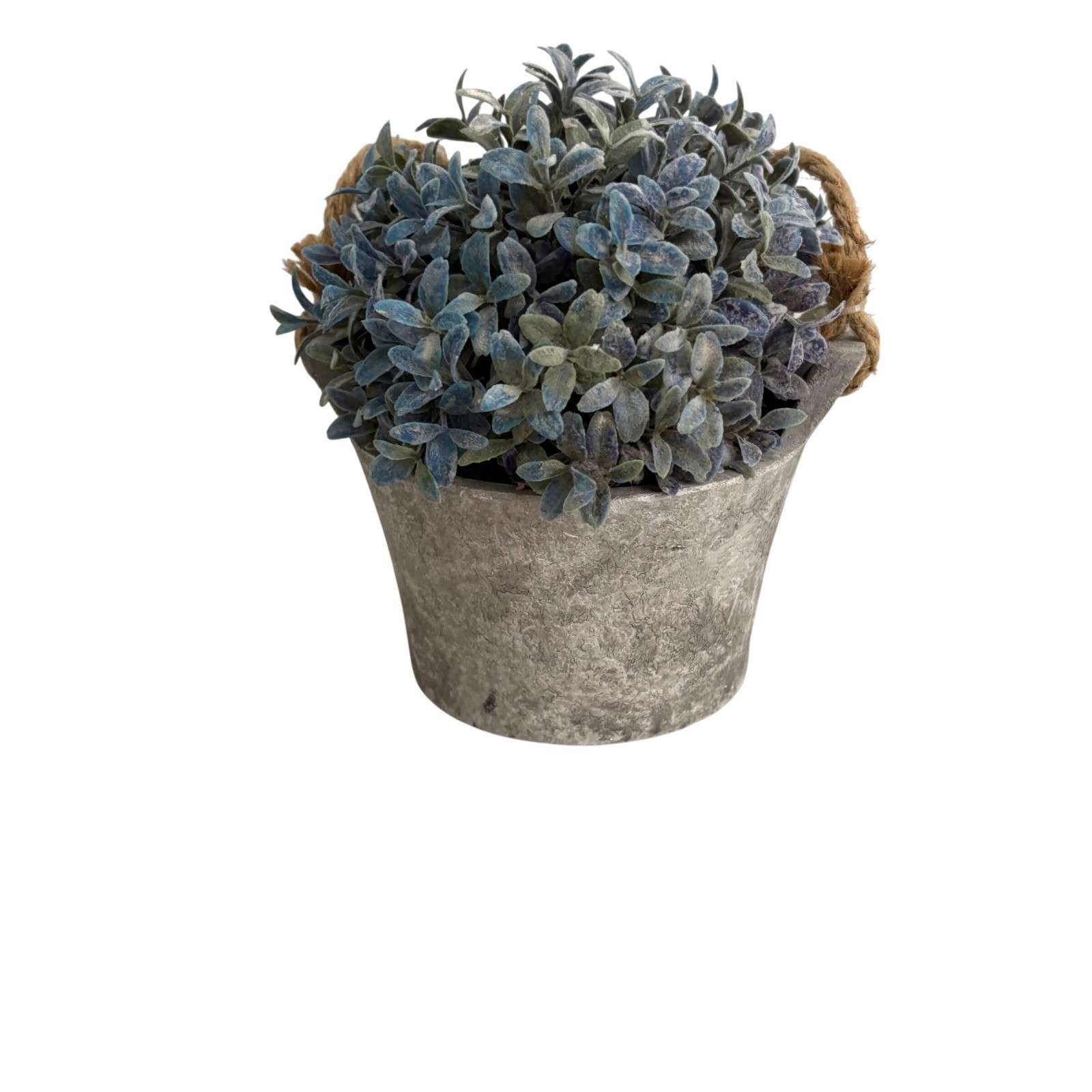Faux Frosted Greenery Plant in Rustic Gray Pot with Jute Rope Handle Farmhouse