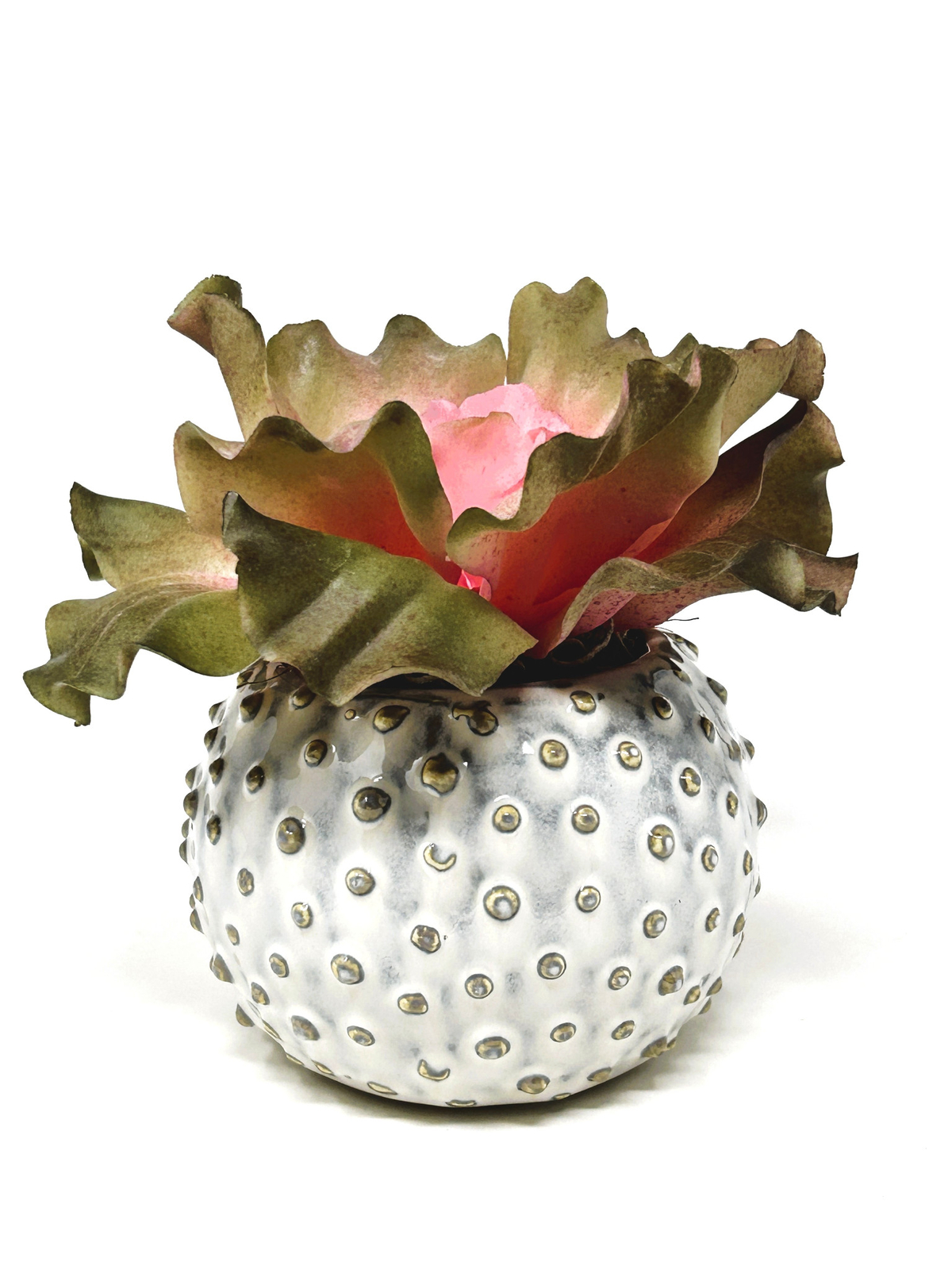 5″ Artificial Soft PINK & Taupe Curly Echeveria Cabbage SUCCULENT, 3″ Ceramic Wh