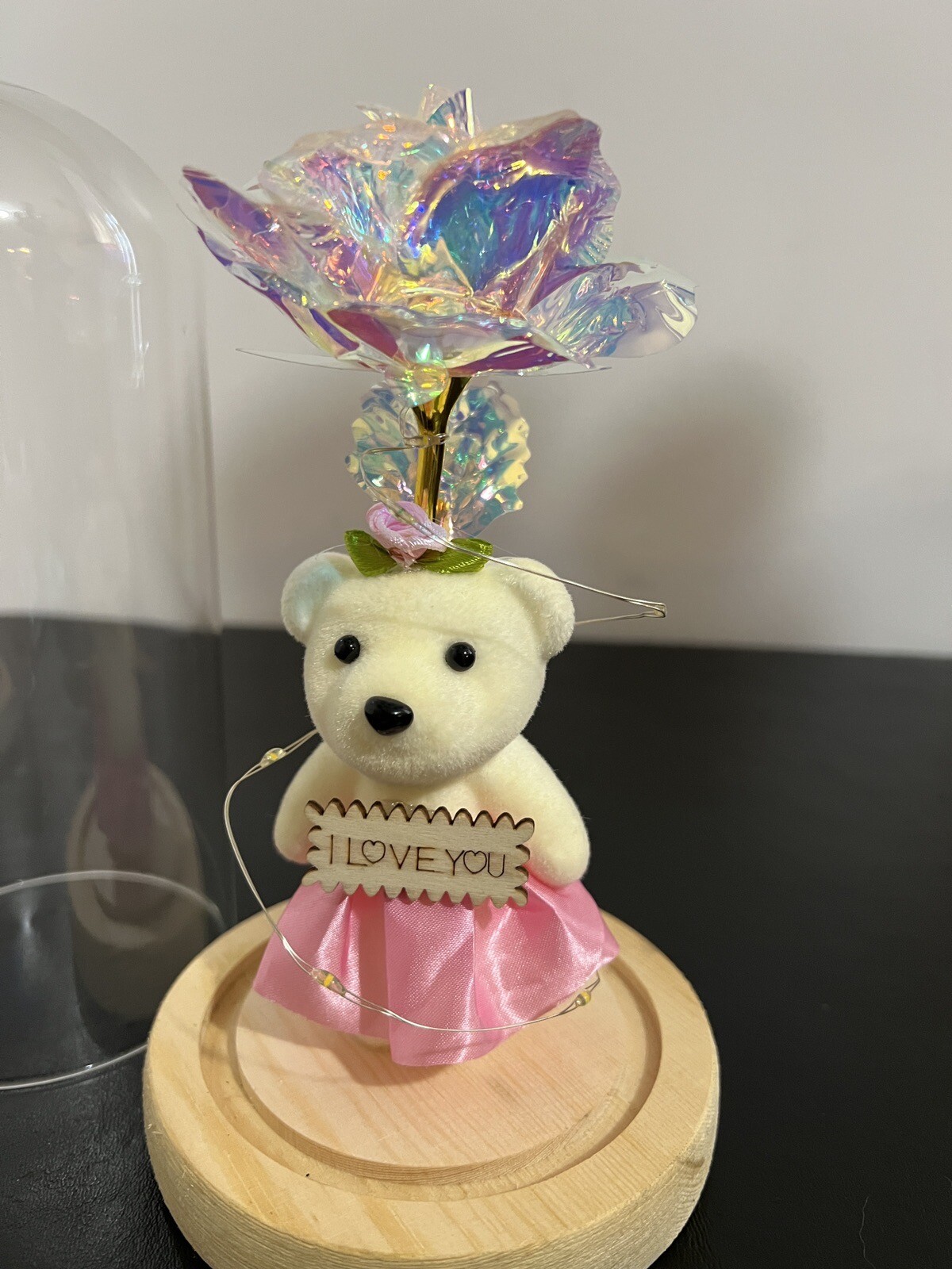 Rose in Glass Dome with Bear LED Gifts for Her Women Rose Alout