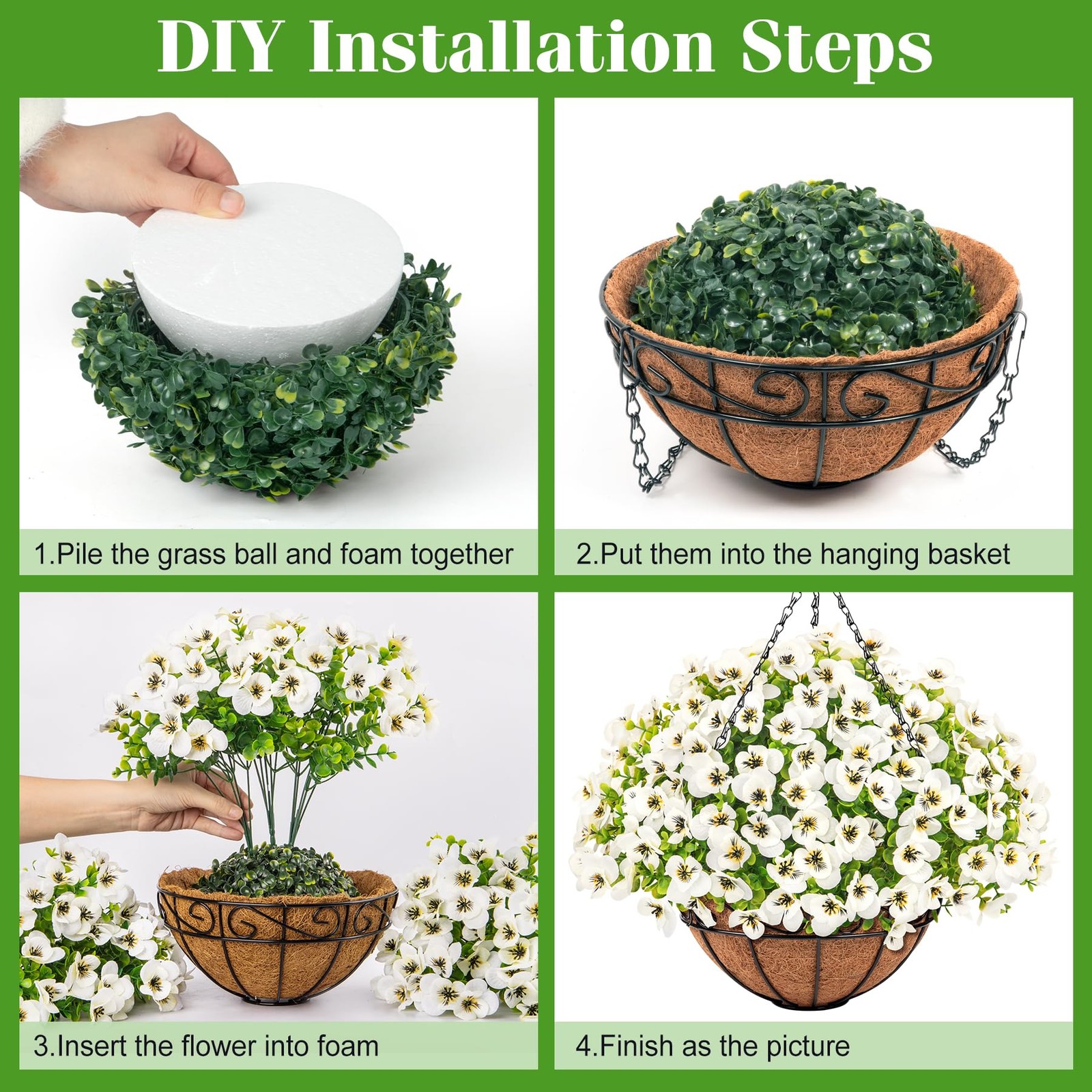Artificial Hanging Flowers with Baskets for Outdoors, Fake Silk Pansy Flowers…
