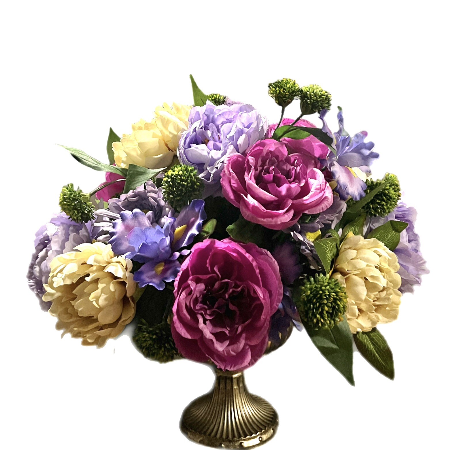 All Season Floral Arrangement Purple Cream Peony Hydrangea Iris Metal Pedestal