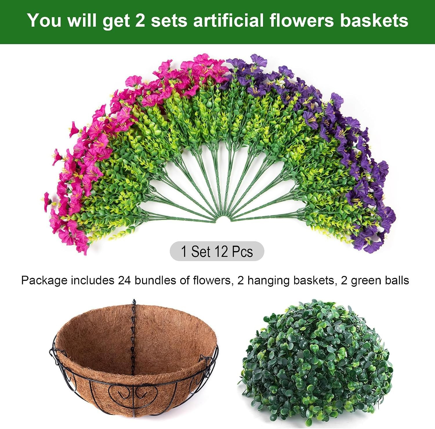 2 Set UV Resistant Faux Silk Morning Glory Hanging Baskets for Outdoor Elegance