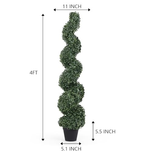Spiral Topiary Trees Artificial Outdoor Set of 2 – UV Resistant 4ft Dark Green