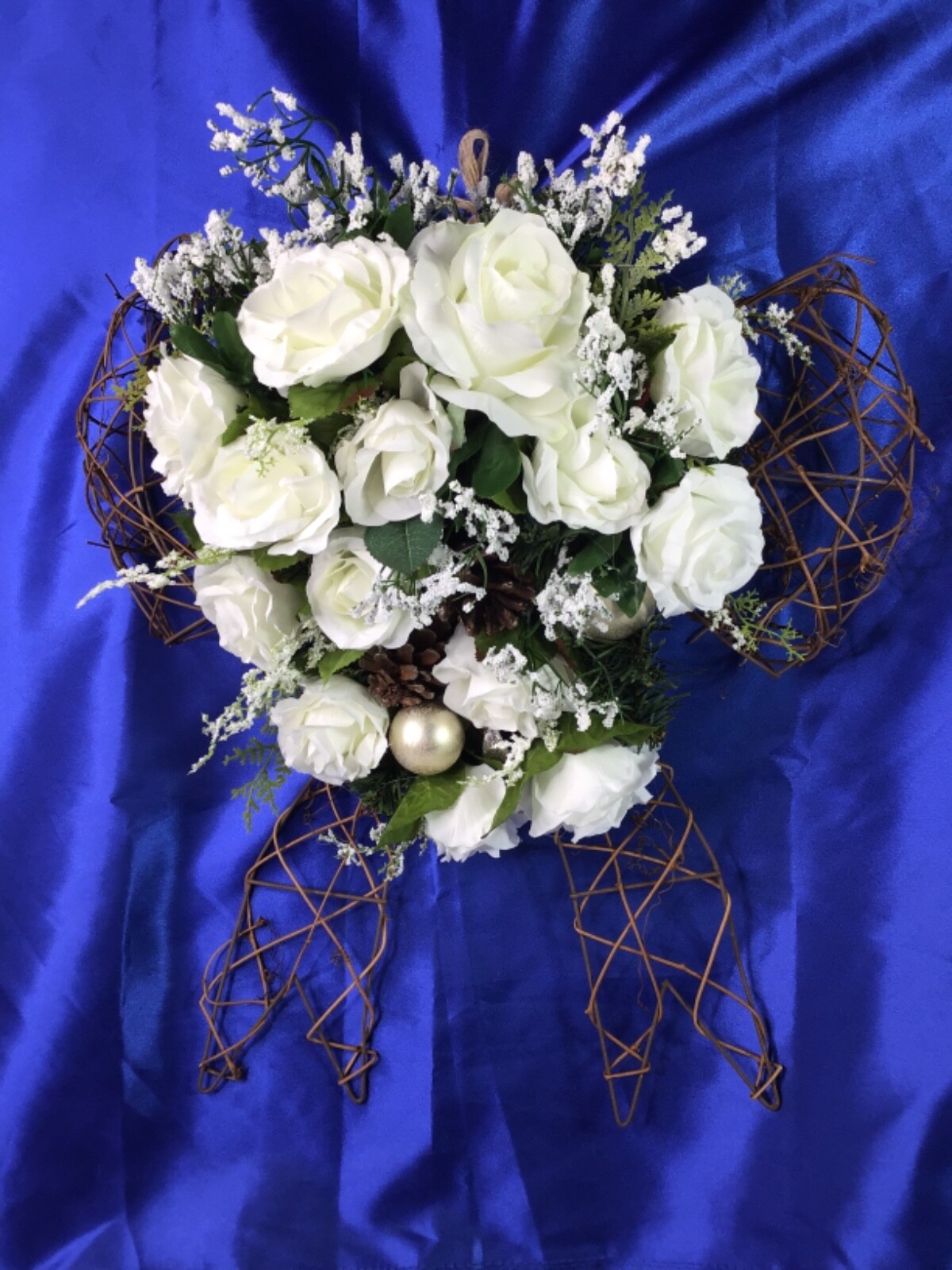 Gorgeous White Rose Floral Arrangement Made On A Large Natural Grapevine Bow