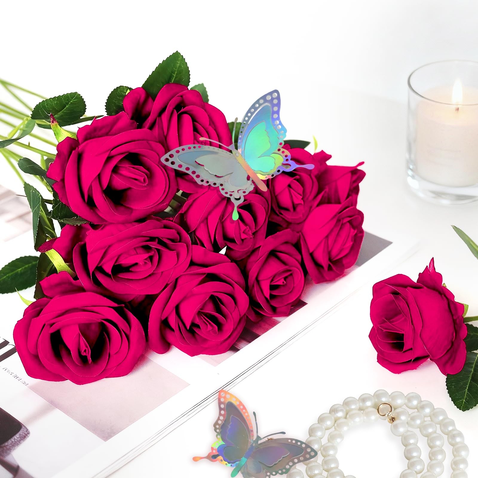 50 Pcs Fake Roses Burgundy Artificial Flowers Bulk, Faux Velvet Silk Rose Bou…