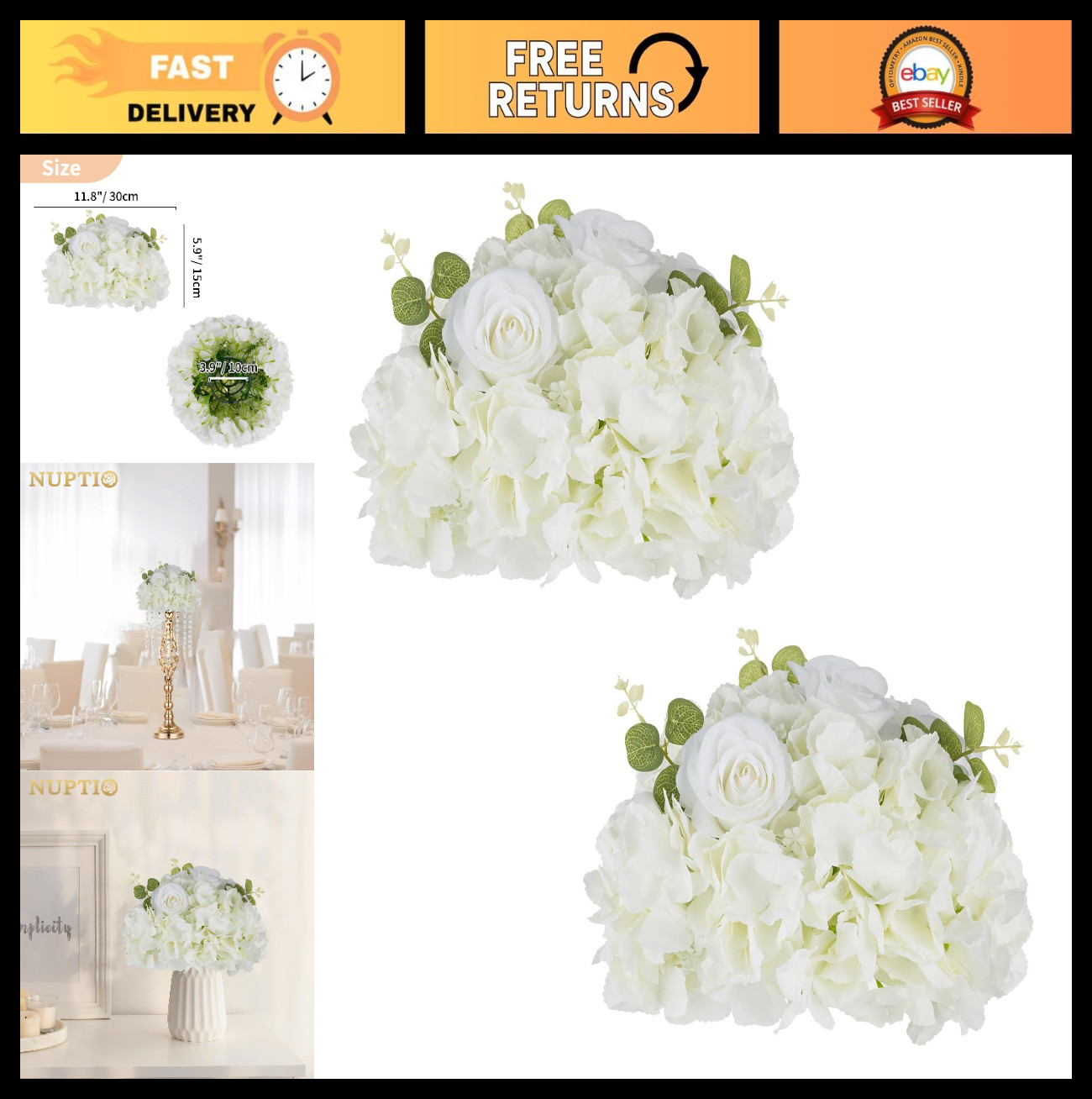 2 Pcs White Rose Flower Ball Arrangements – 11.8″ Fake Floral Centerpieces for W