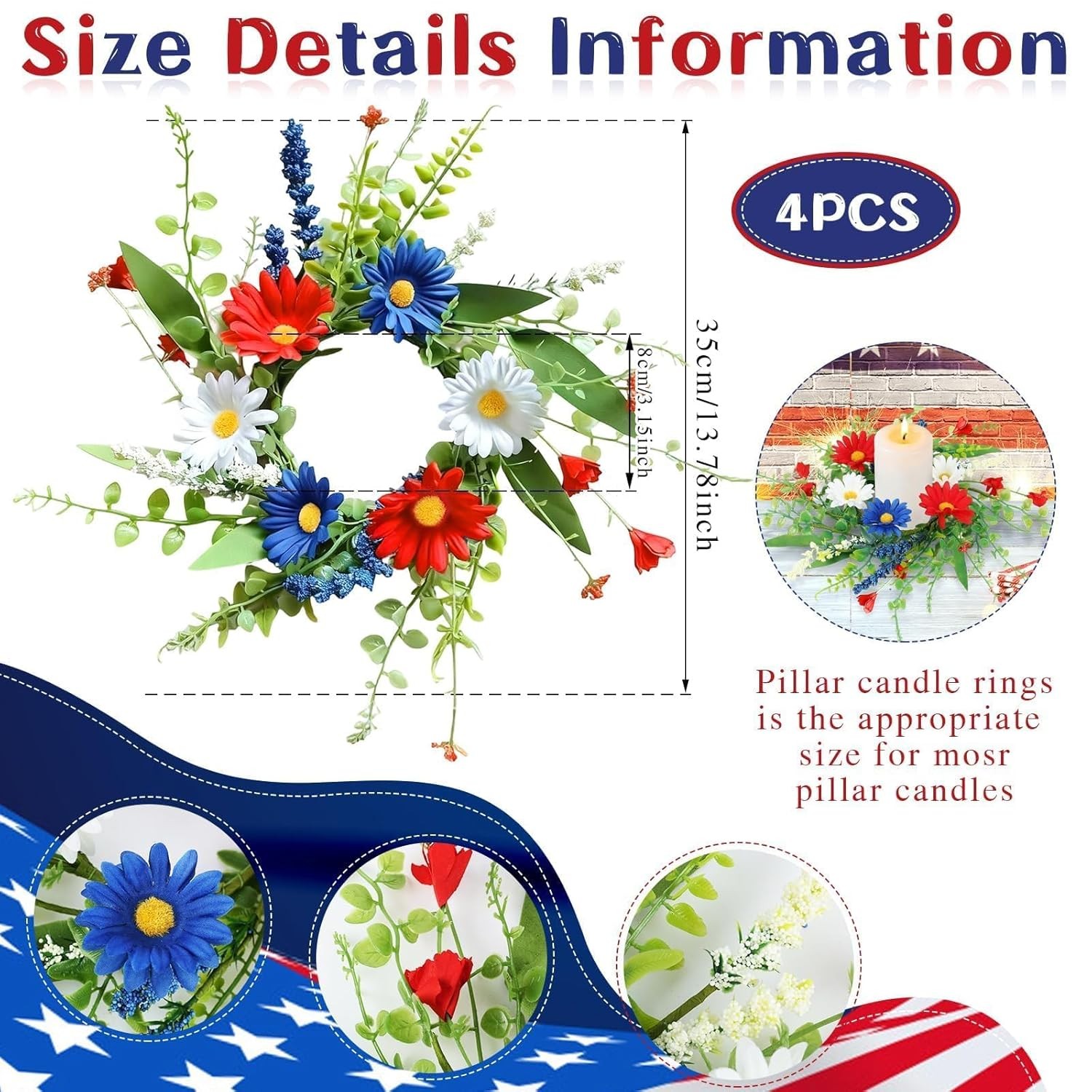 4 PCS Patriotic American Flag Candle Rings Wreaths 4th of July Red White Blue
