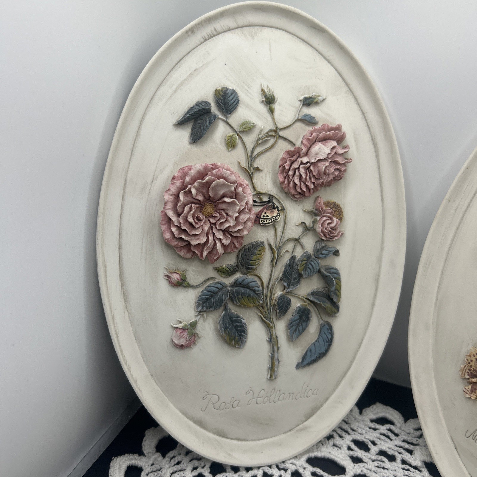 2 VTG Oval Soapstone Raised Floral Wall Plaques-Rosa hollkandica & narcissus