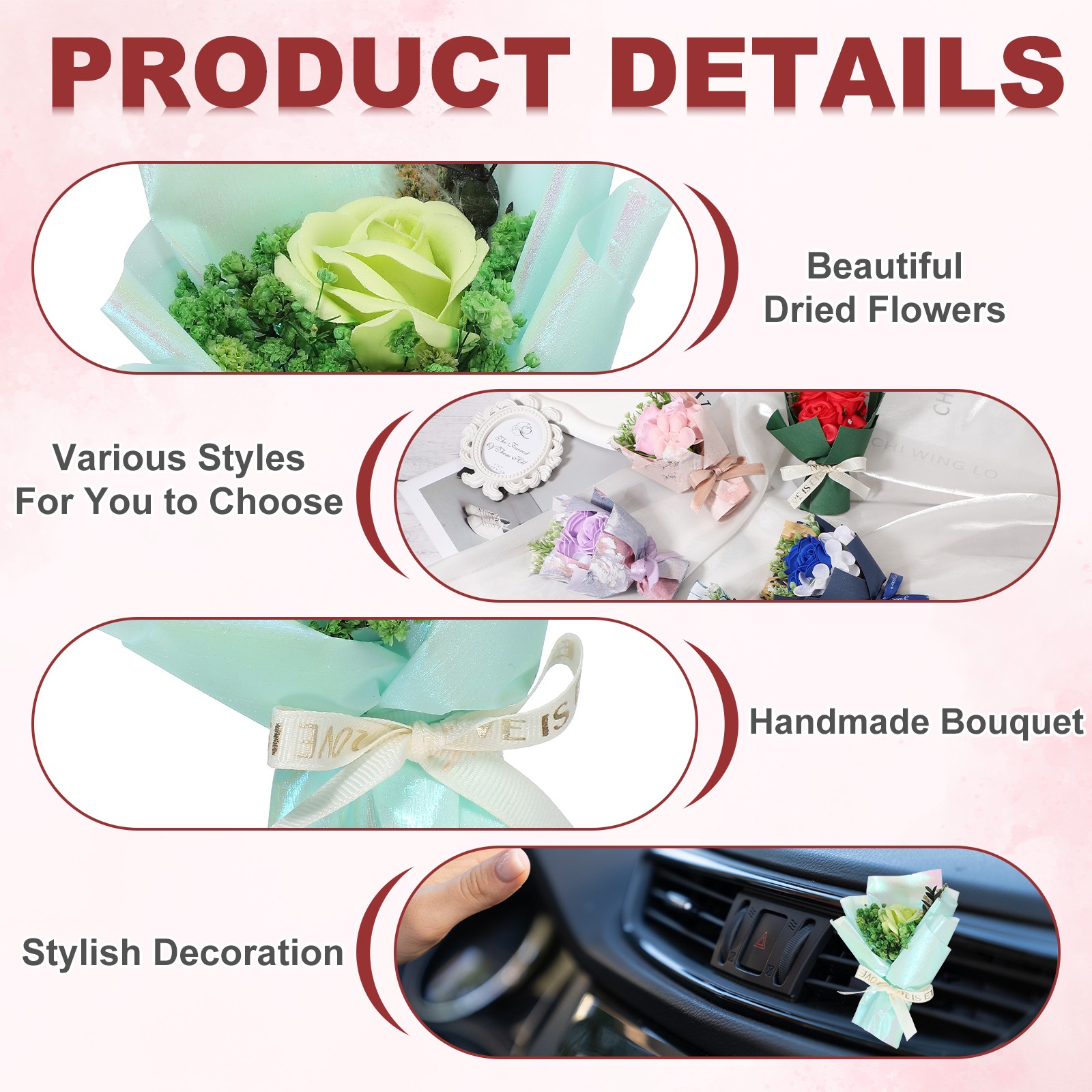 Light Green Rose Dried Flower Bouquet, Car Vent Clip Scent Diffuser, Style 4