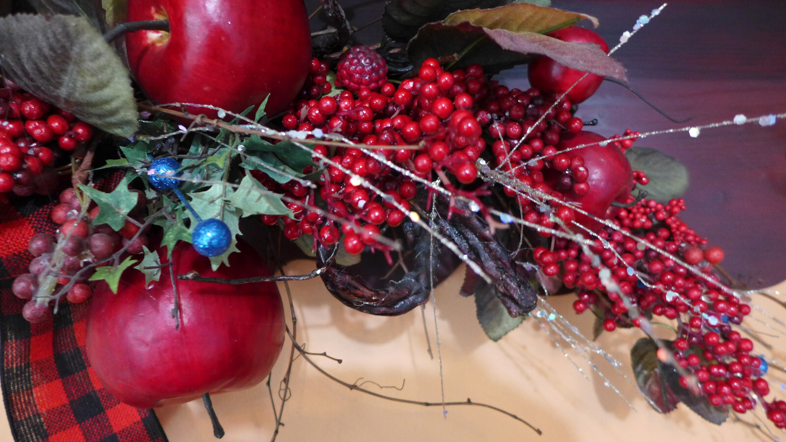 XL Swag Floral Red Apples Wall Decor Grapevine Fruit Blue Bling Fall Autumn Hang