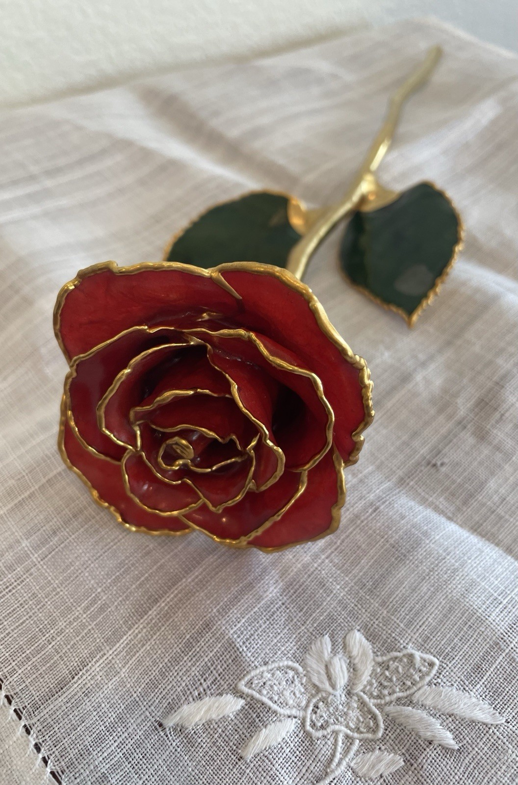 Burgundy Rose Preserved in Lacquer with 24k Gold Plating on Petals and Stem