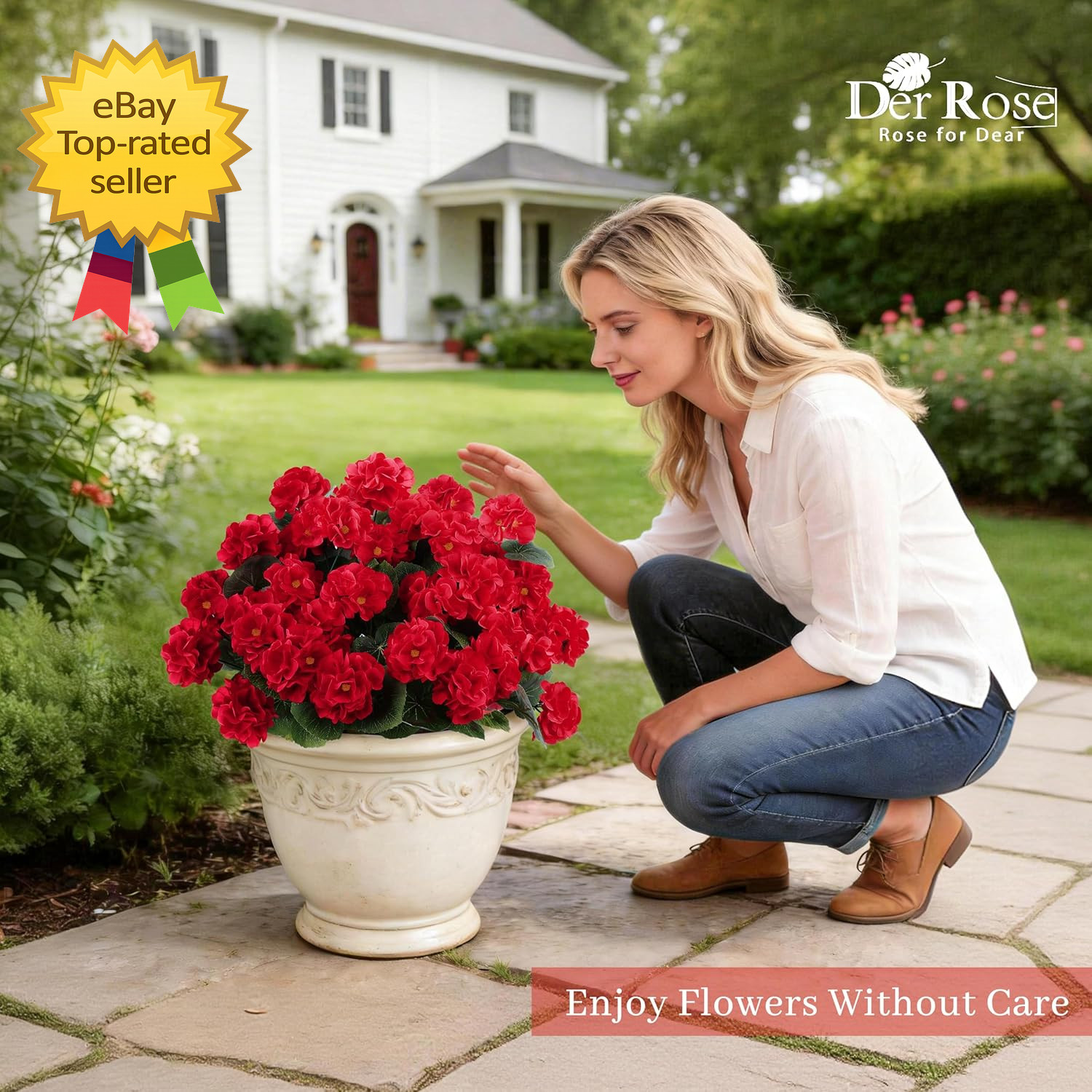 6 Pack Red Artificial Geranium Flowers UV Resistant Faux Outdoor Patio Decor