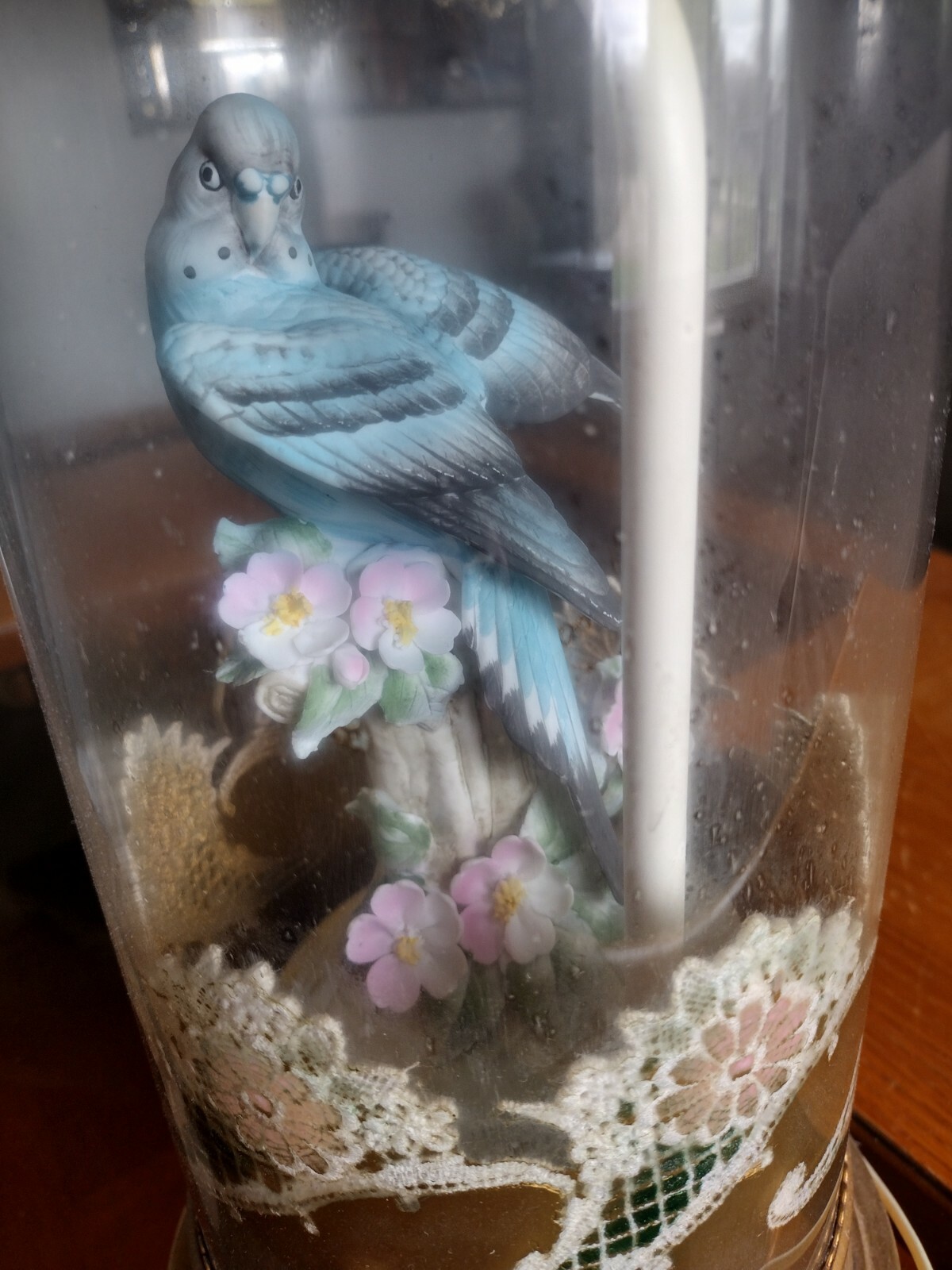 Vintage Antique Glass Lamp Decorated Floral and Bird inside 36″ tall SEE SEE