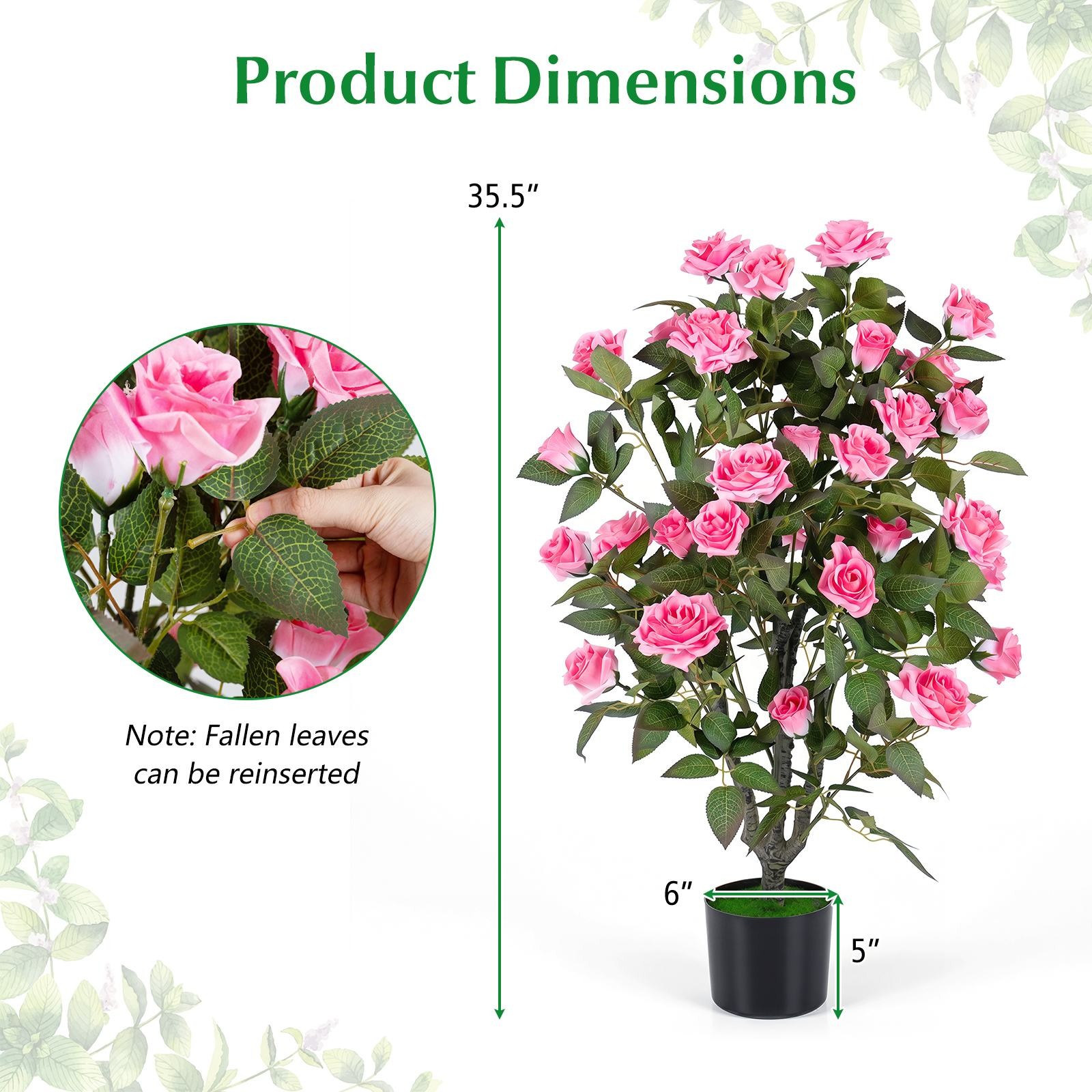 35.5” Artificial Rose Tree w/Blooming Flowers and Green Leaves, Free Maintenance