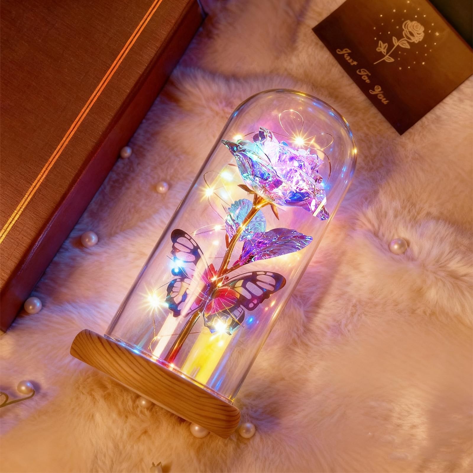 Light Up Glass Dome Galaxy Roses – Preserved Forever Flowers for Mom, Wife, Gran