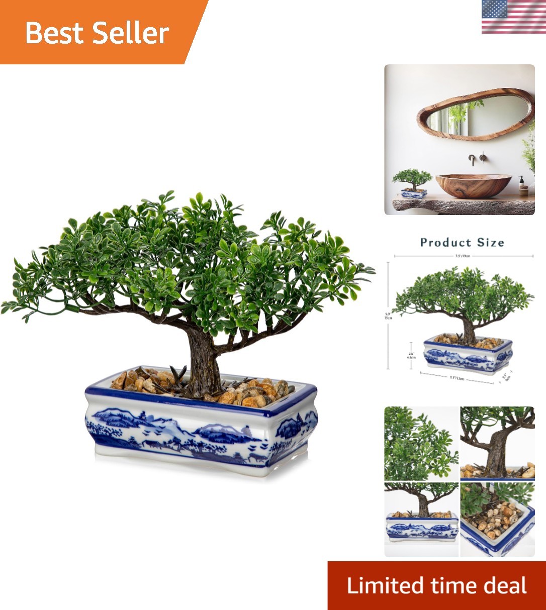 Elegant Artificial Bonsai Tree with Blue & White Porcelain Pot for Home Office