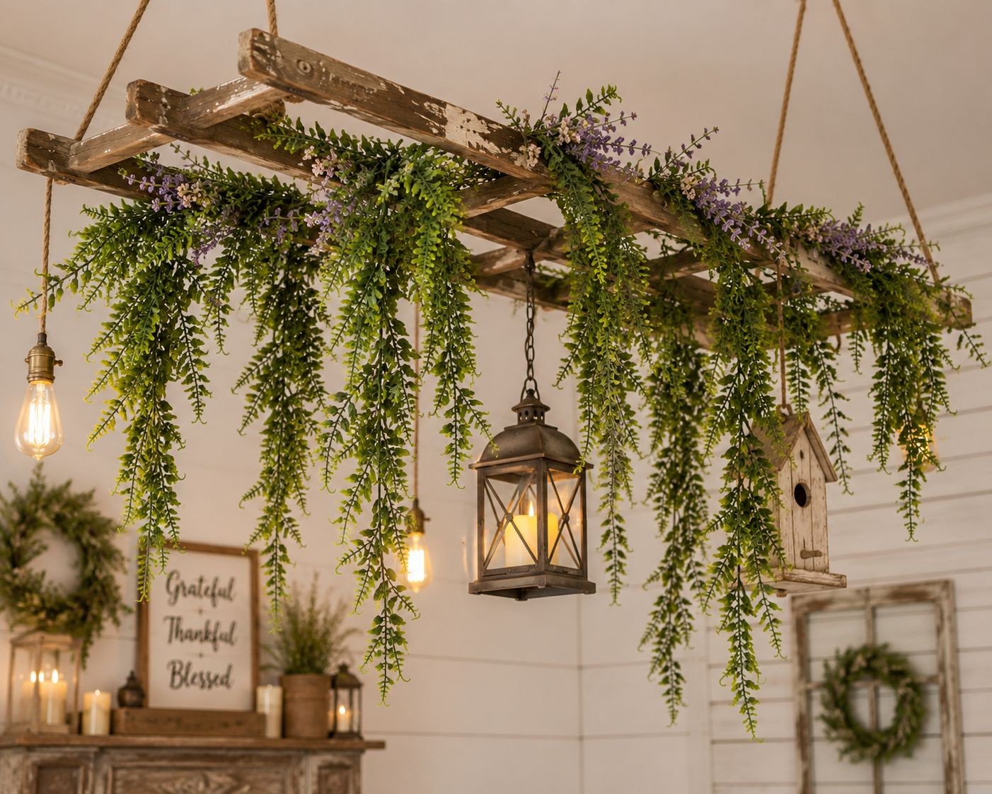 Artificial Hanging Fern Greenery Set of 2 Faux Trailing Fern Bushes Hanging Gree