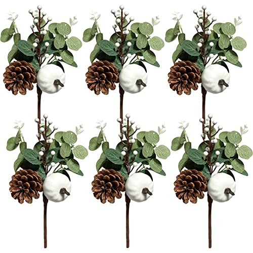 6PCS Greenery Stems Artificial Eucalyptus Leaves Fall Picks with White 6pcs