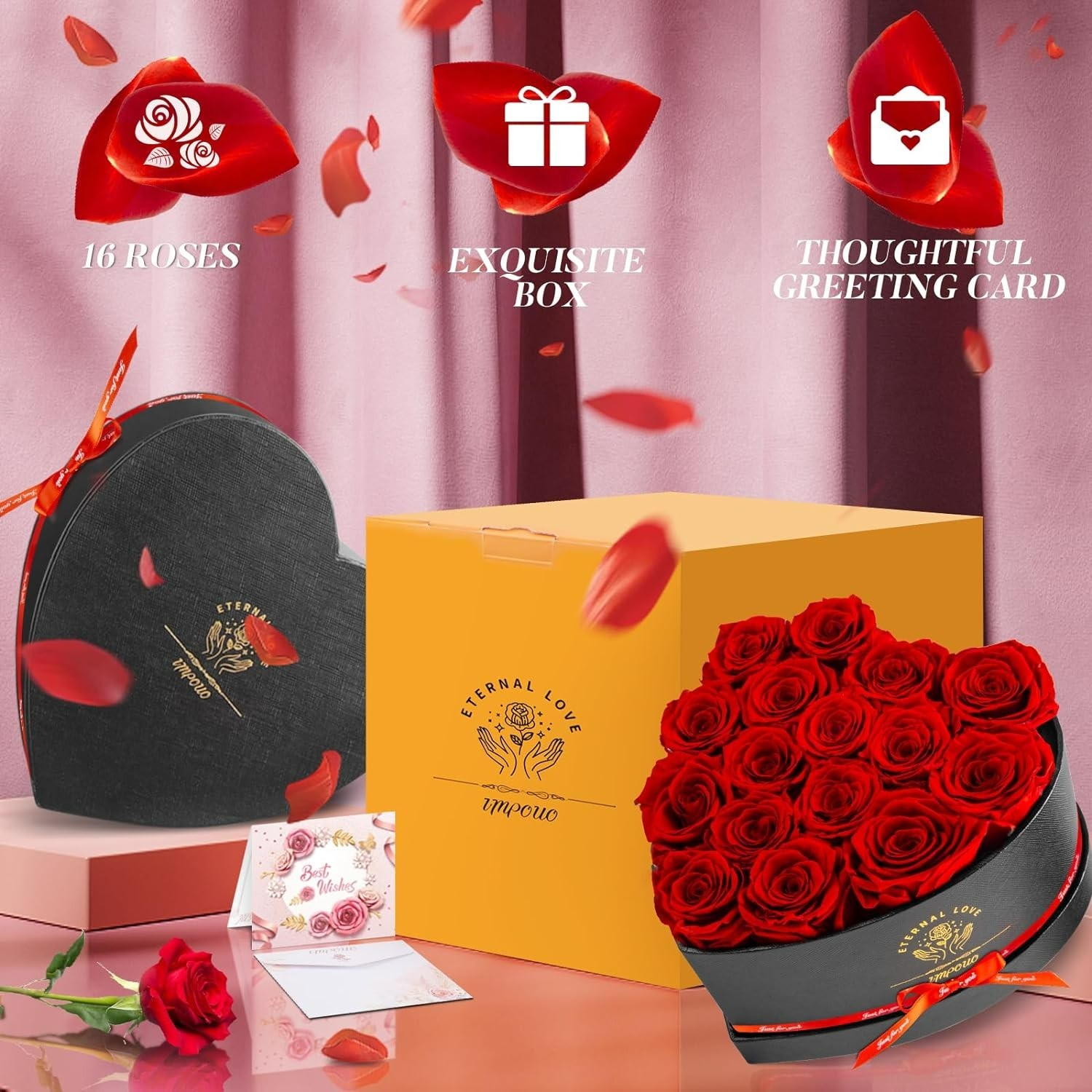 Eternal Red Rose Set of 16 – Heart-Shaped Box for Birthdays & Anniversaries