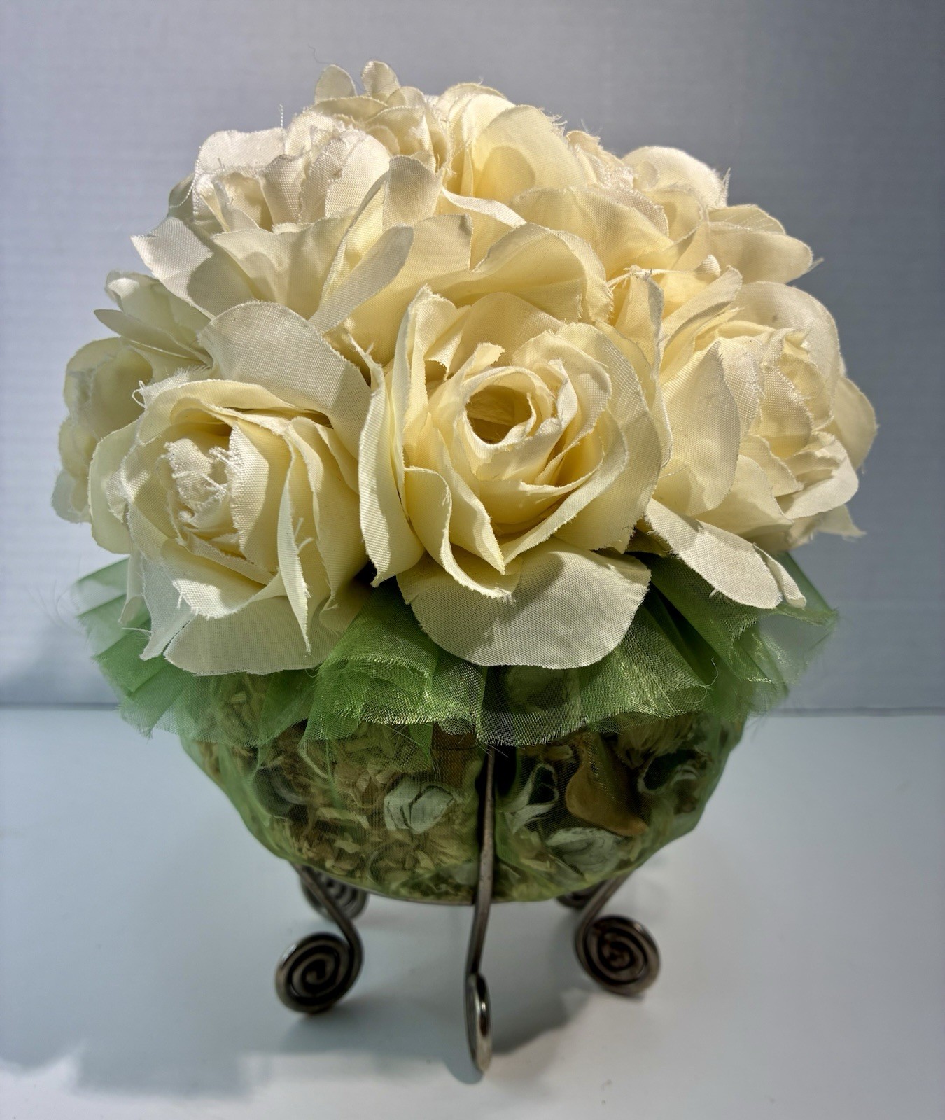 Vintage Shabby Chic Cream Fabric Rose Potpourri Topiary with Scroll Wire Stand