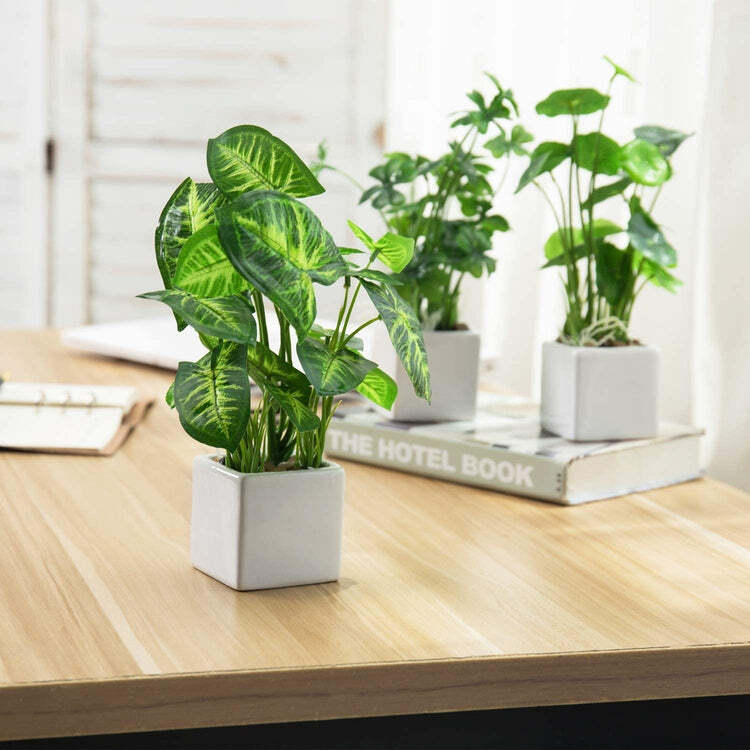 Artificial Assorted Plants, Greenery in White Square Ceramic Pots, Set of 3