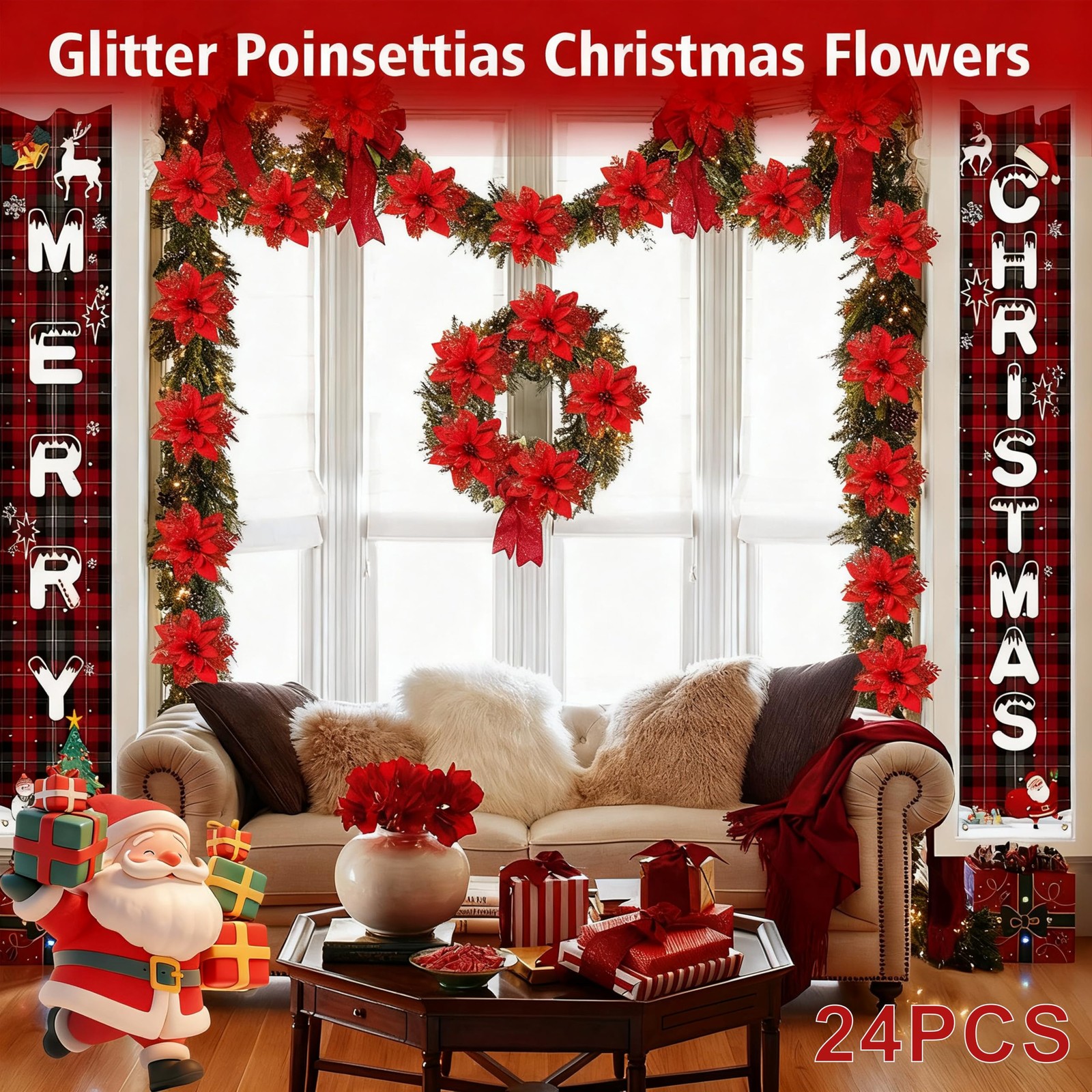 24 PCS Christmas Artificial Poinsettia Flowers 5.9 Inch Glitter Clips Red