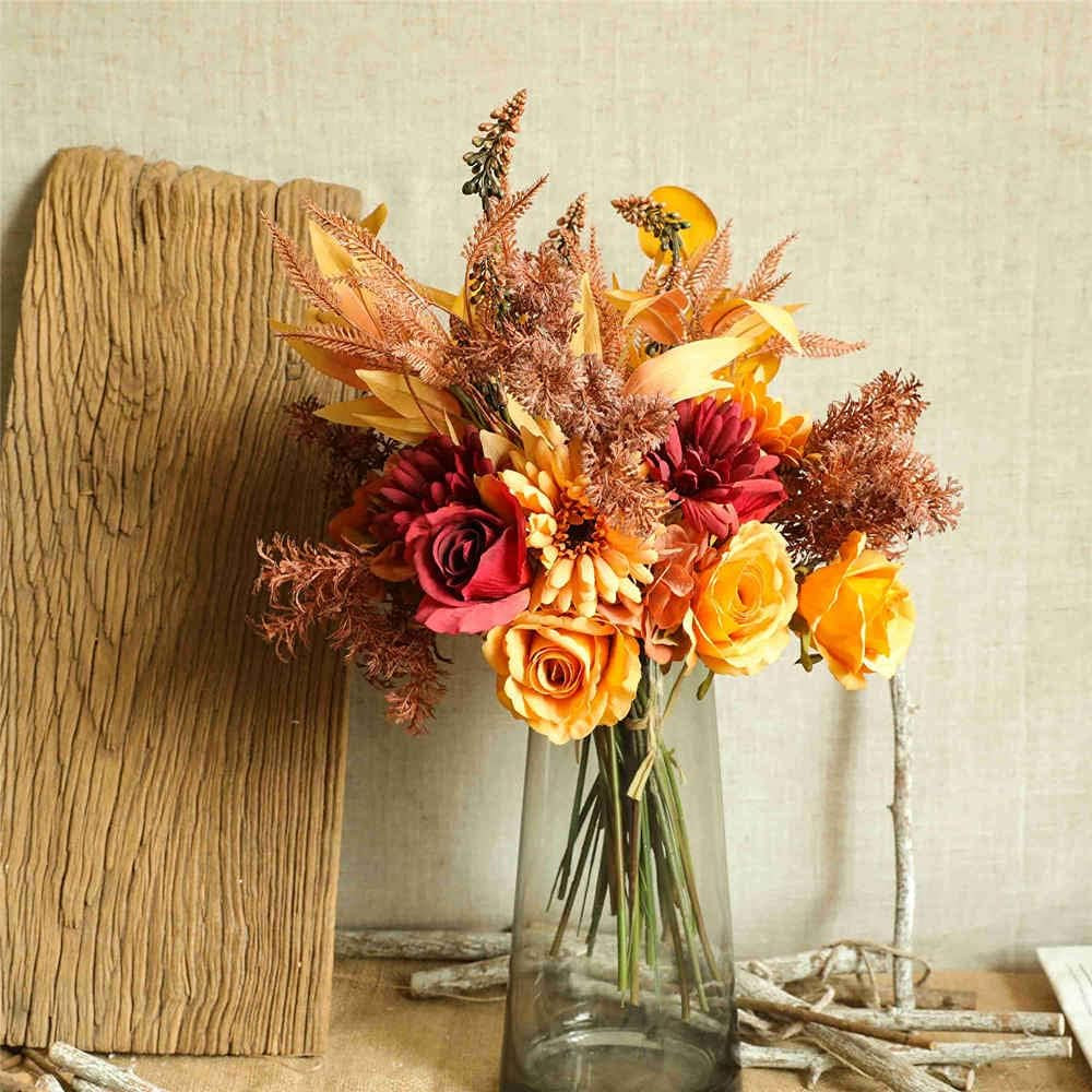 Autumn Red Silk Flower Arrangement for Wedding Bouquets Table Centerpieces Decor