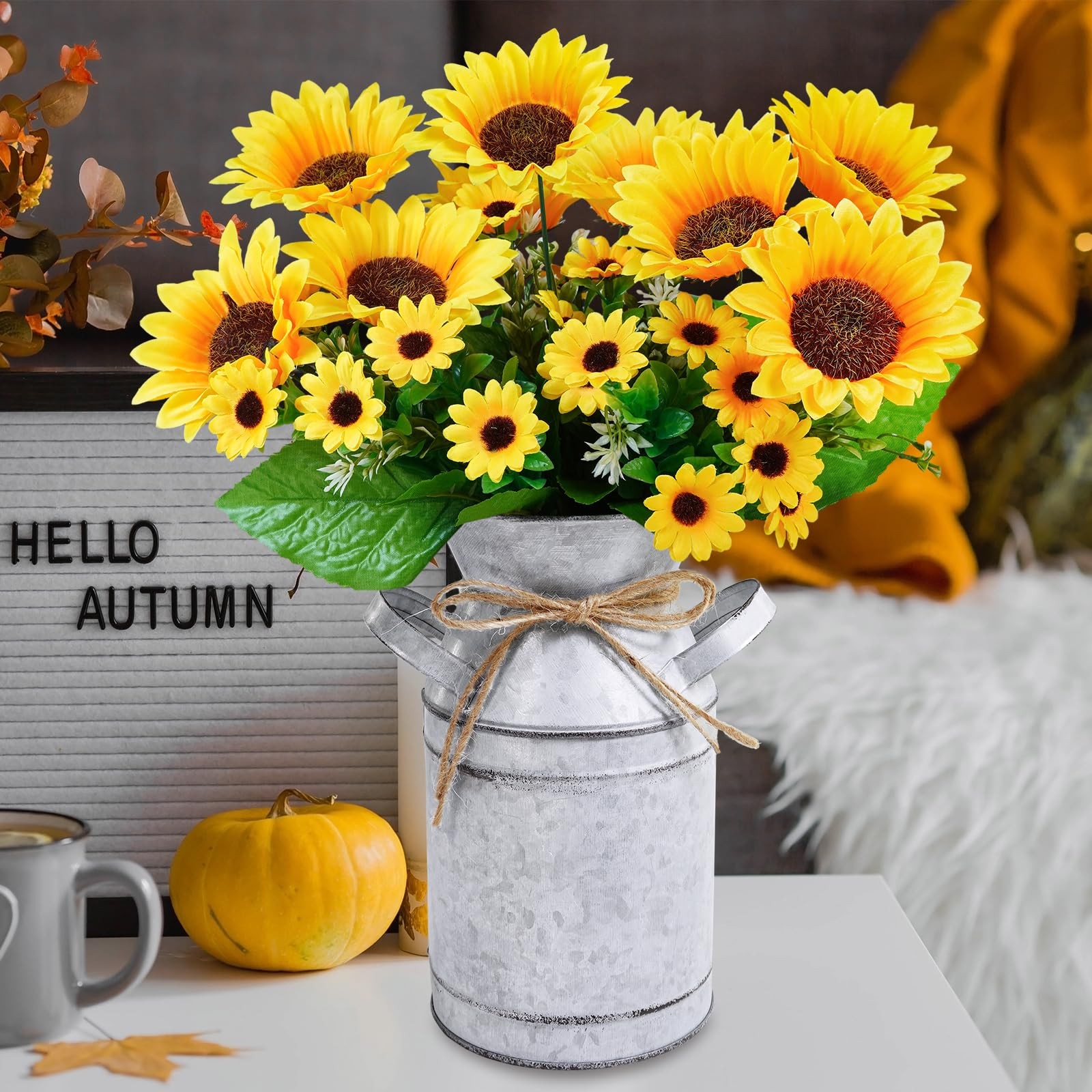 Farmhouse Sunflowers Centerpiece Metal Milk Jug Artificial Sunflower Bunches …