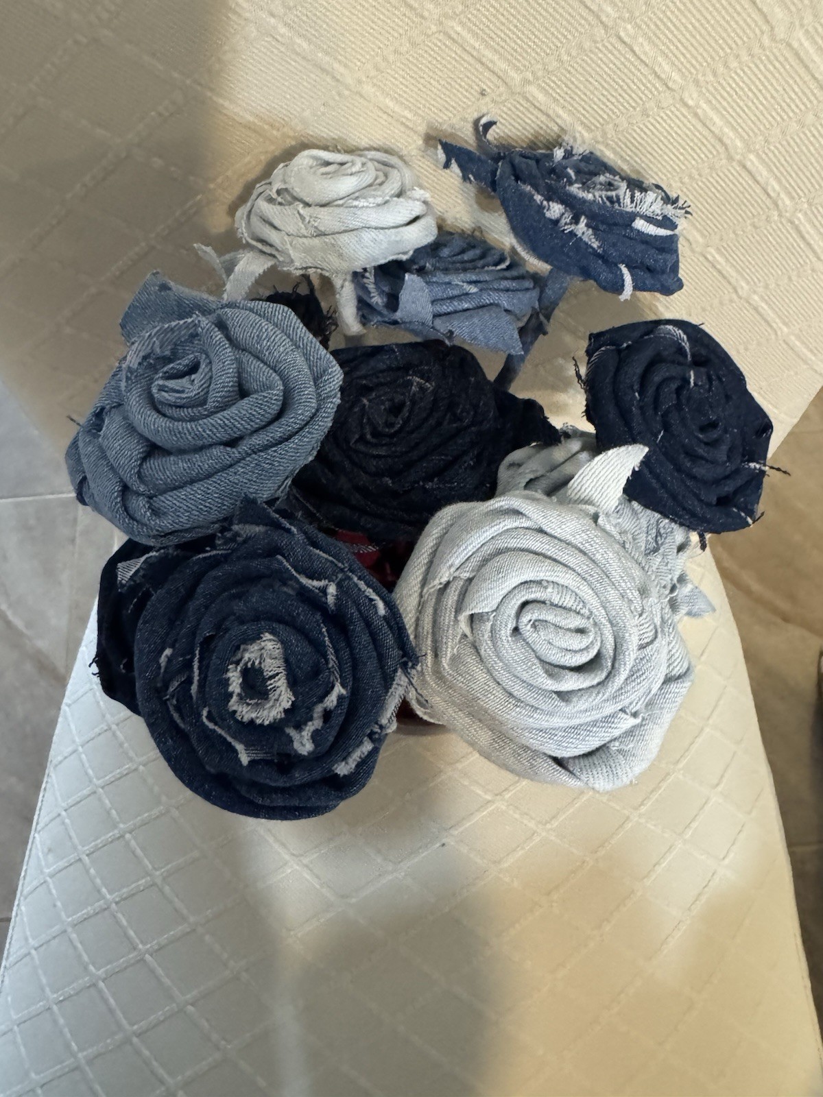 12 (a Dozen) Handmade Denim Roses, Upcycled Vase, Birthday, Mother’s Day, Easter