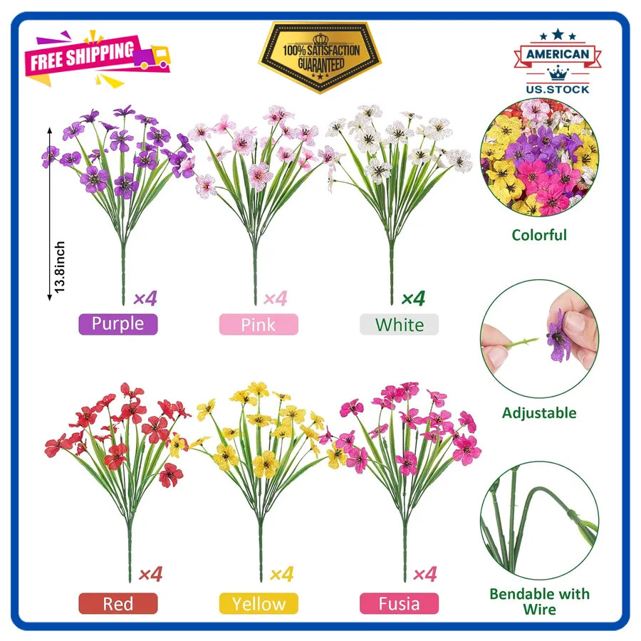 24 Bundles Artificial Flowers UV Resistant Silk Faux Plants for Outdoor Decor