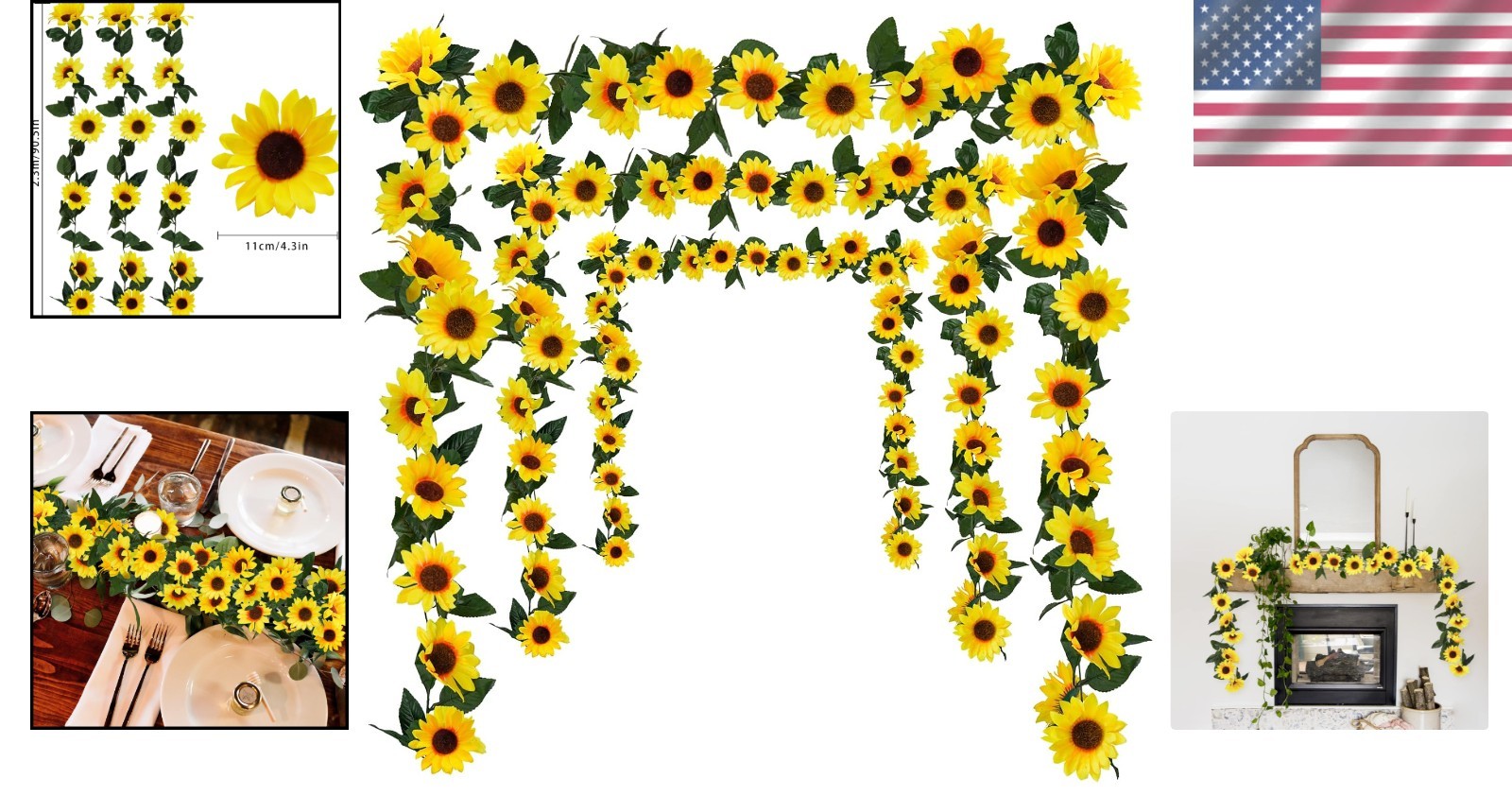 Artificial Sunflower Garland 3 Pack 7.5ft Silk Flowers with Green Leaves