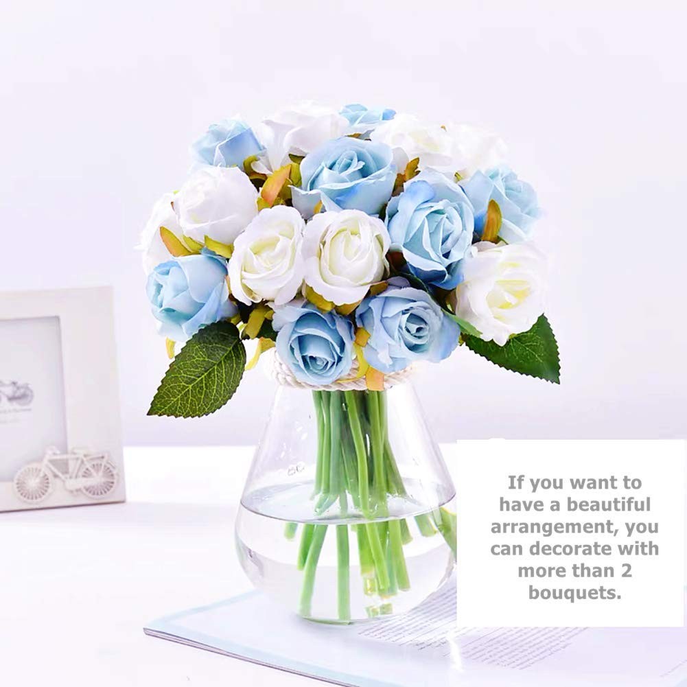 Blue White Artificial Roses Flowers 12 Heads Arrangement Silk Bouquet 1 PCS