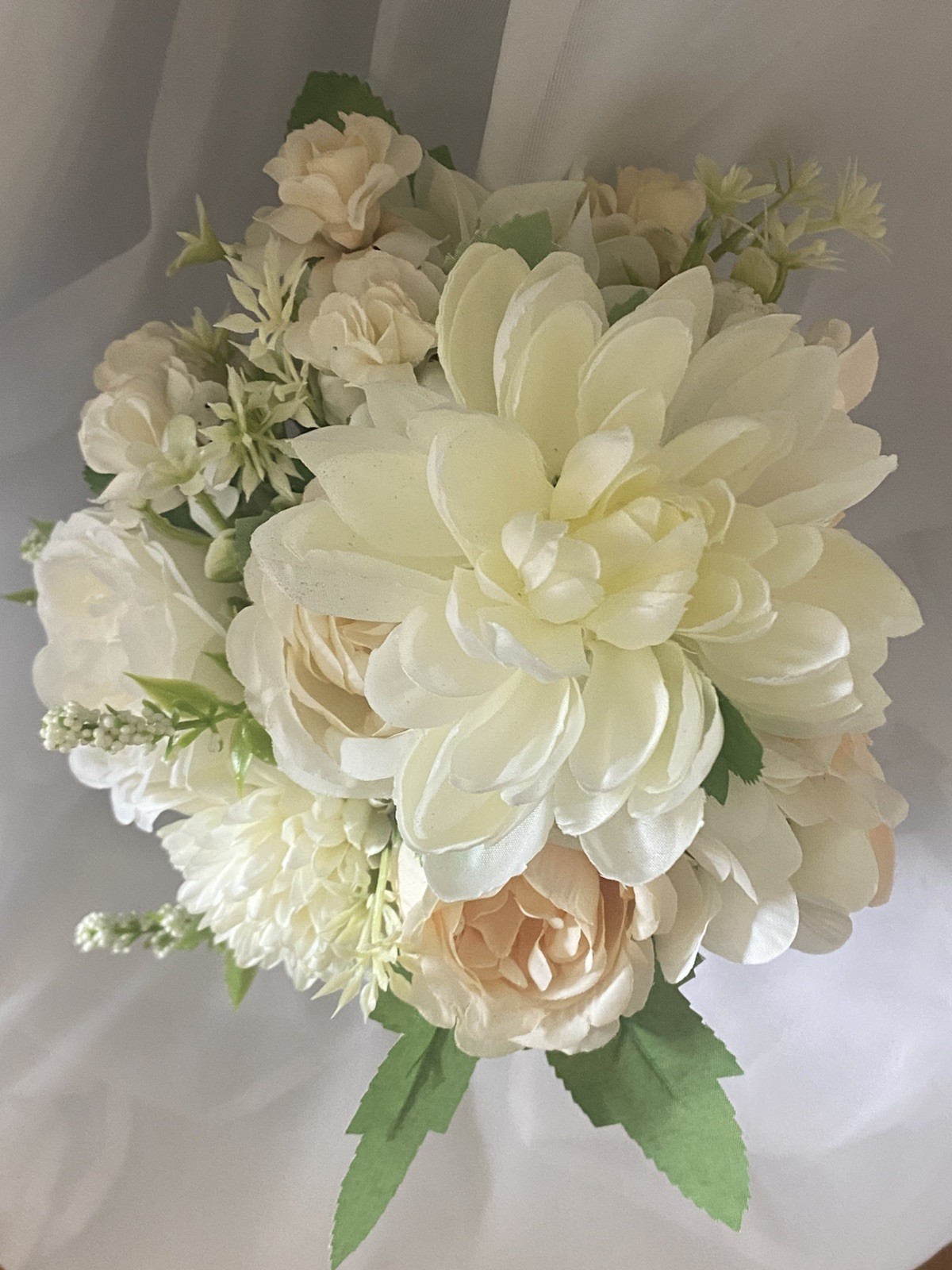 Array of Flowers Dahlia Roses Mums &more in a shiny green jug style vase Floral