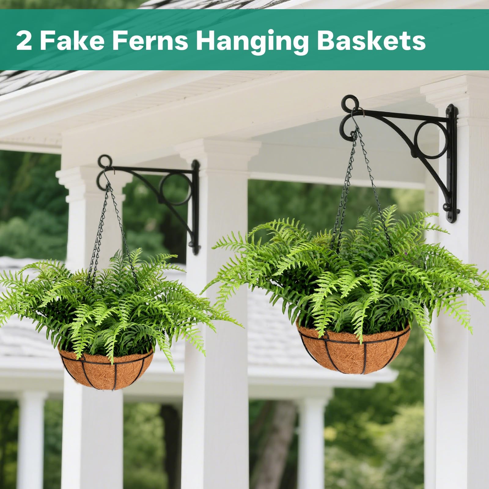 PABREY 2 Set Fake Ferns with Hanging Baskets, UV Resistant Fake Hanging Ferns…