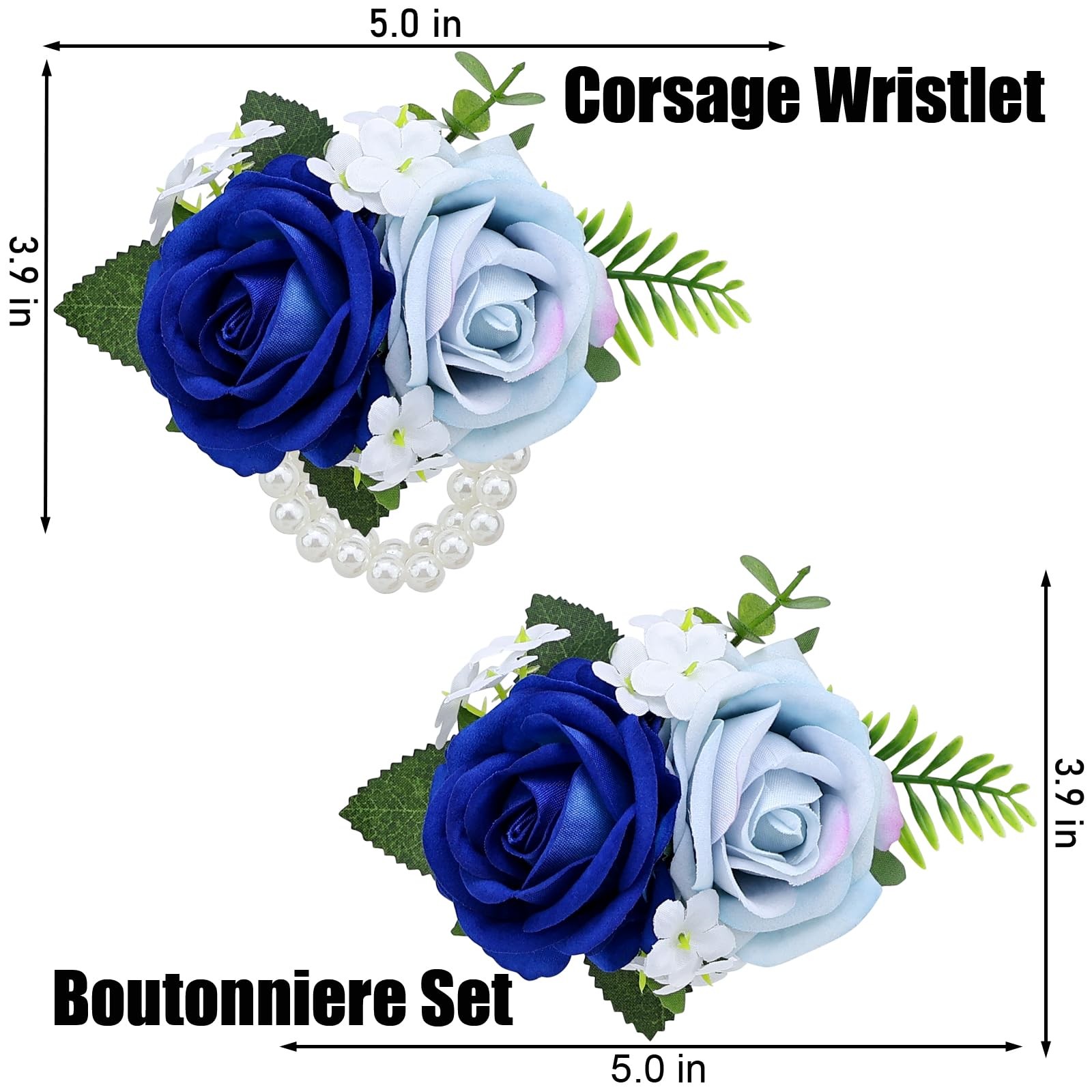 2Pcs Light Blue Blue Rose Wrist Corsage Wristlet Band and Boutonniere Set, f…