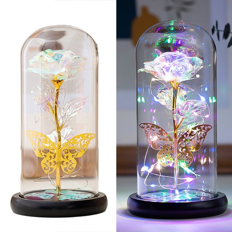 Forever Flower Gold Foil Rose Flowers in Glass Dome LED Light Valentine s Day