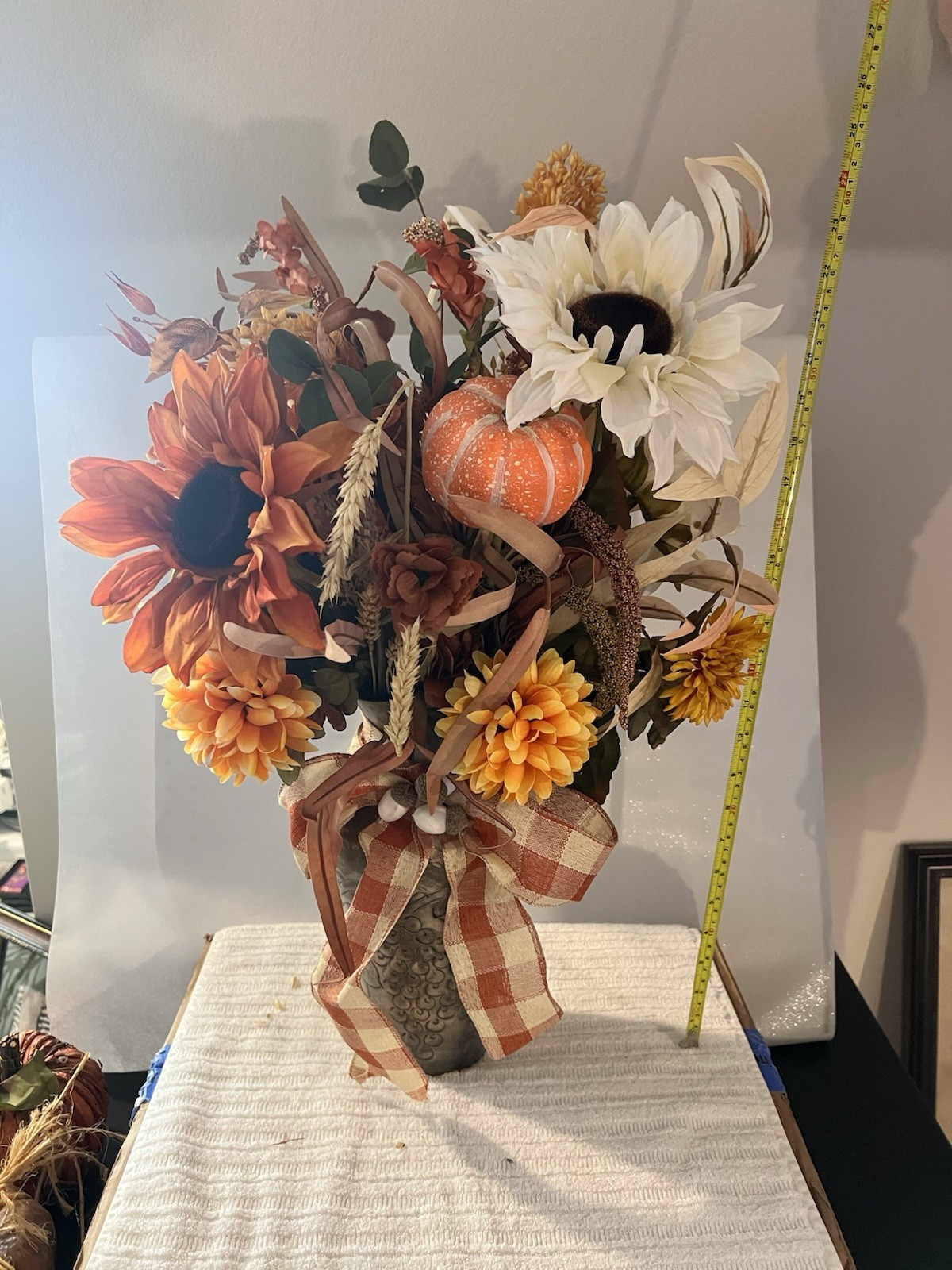 Fall Artificial Arrangement Sunflowers Dahlia Pumpkin Bow 24×18″
