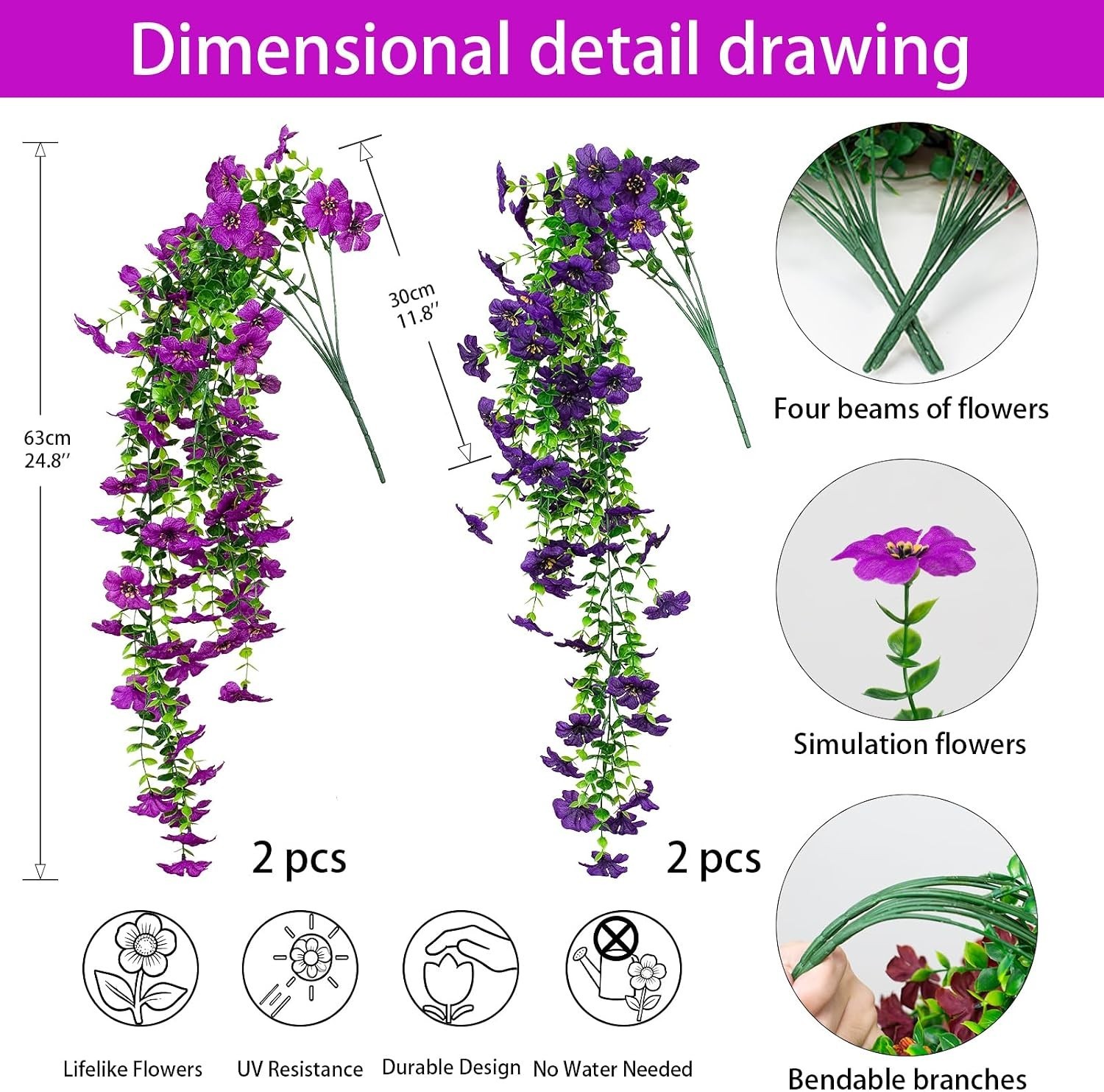 Artificial Flowers Hanging Garden Decoration 4Pcs Purple Violet